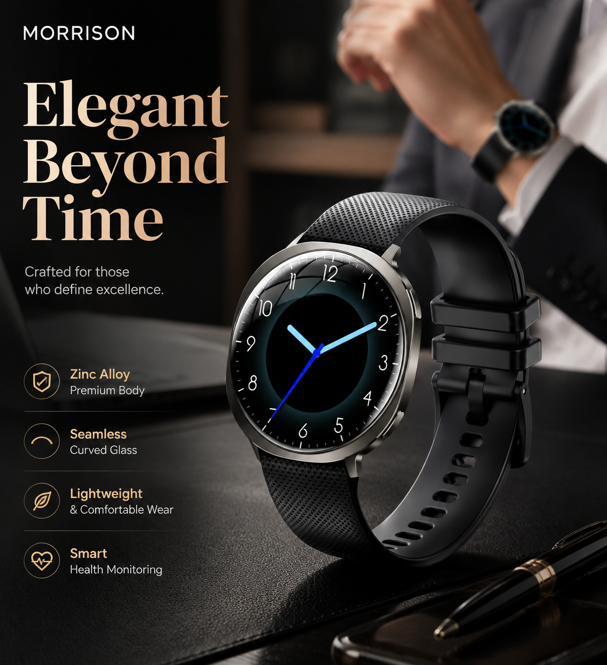Morrison IP68 Elegant Luxury Smart Watch 1.32'' AMOLED Ultra Thin Bluetooth Call Fitness Watch
