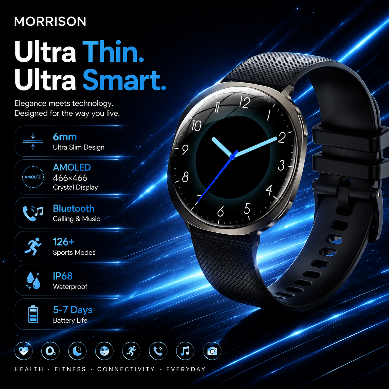 Morrison IP68 Elegant Luxury Smart Watch 1.32'' AMOLED Ultra Thin Bluetooth Call Fitness Watch