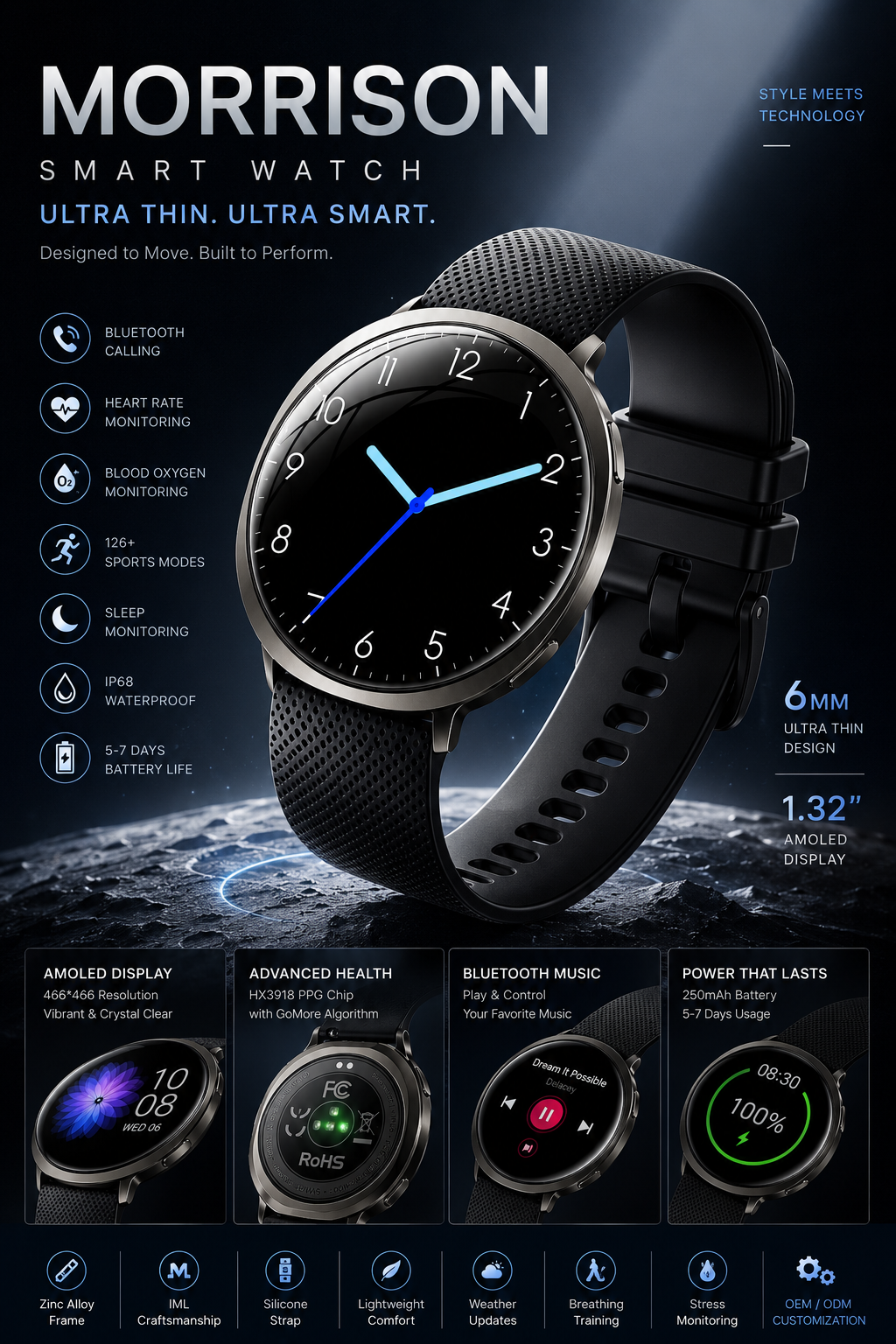 Morrison 1.32'' AMOLED IP68 Elegant Luxury Smart Watch