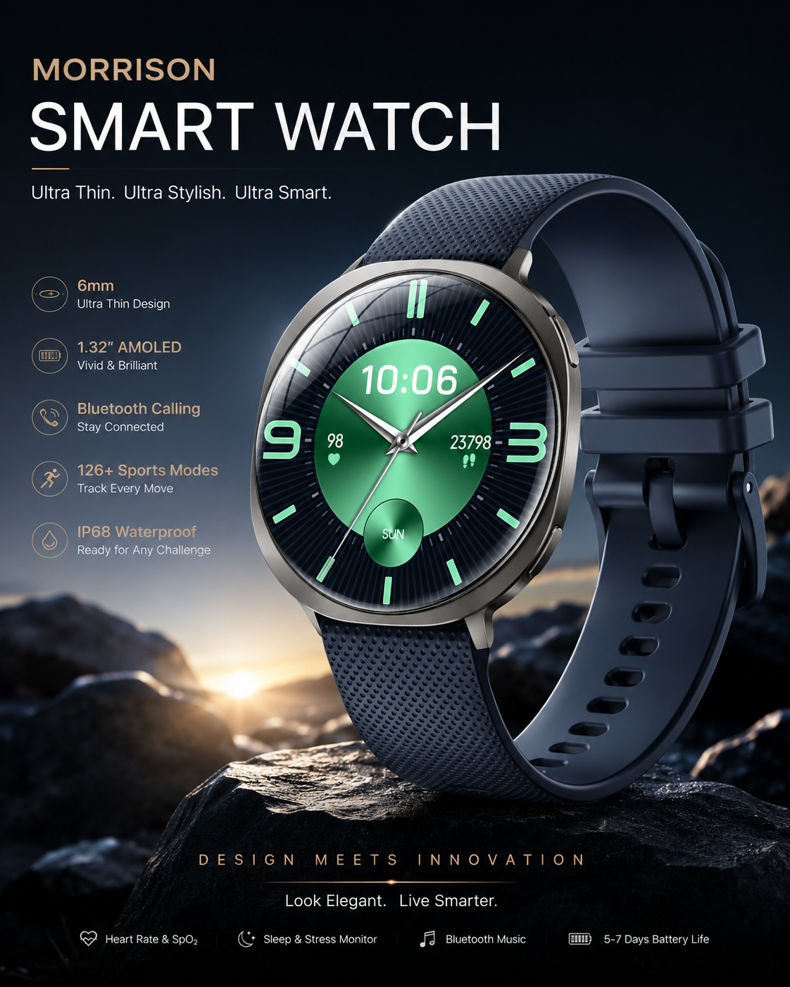Morrison IP68 Elegant Luxury Smart Watch with 1.32 Inch AMOLED Display