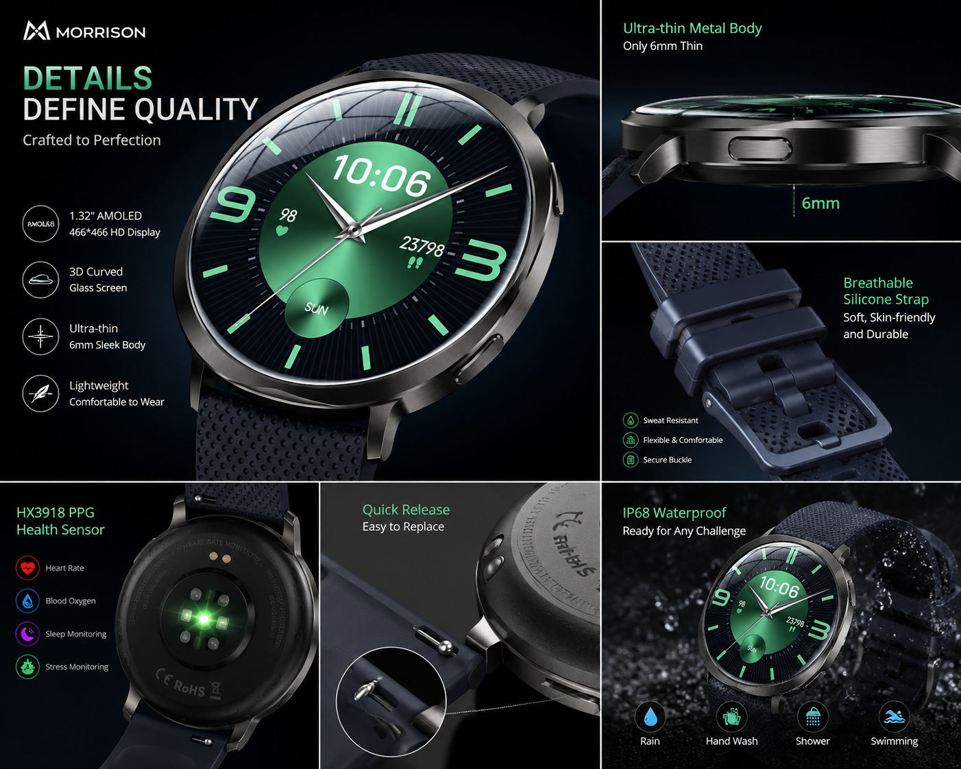 Morrison IP68 Elegant Luxury Smart Watch 1.32'' AMOLED Bluetooth Call Sports Watch