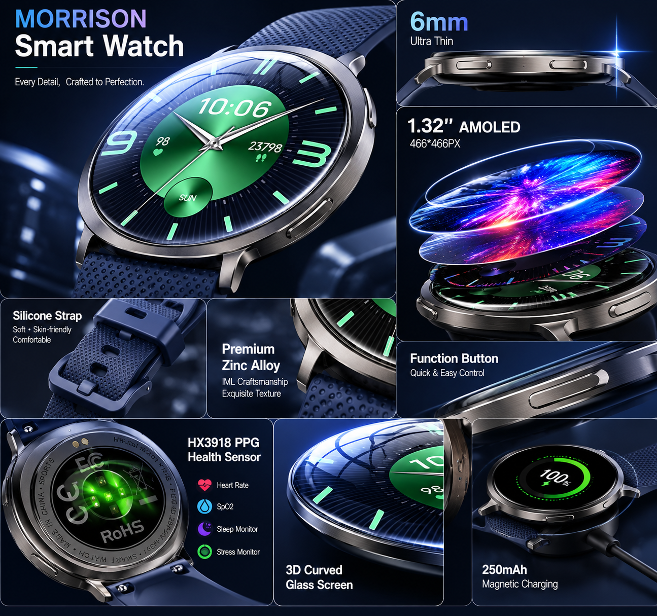 Morrison IP68 Elegant Luxury Smart Watch with 1.32 Inch AMOLED Display