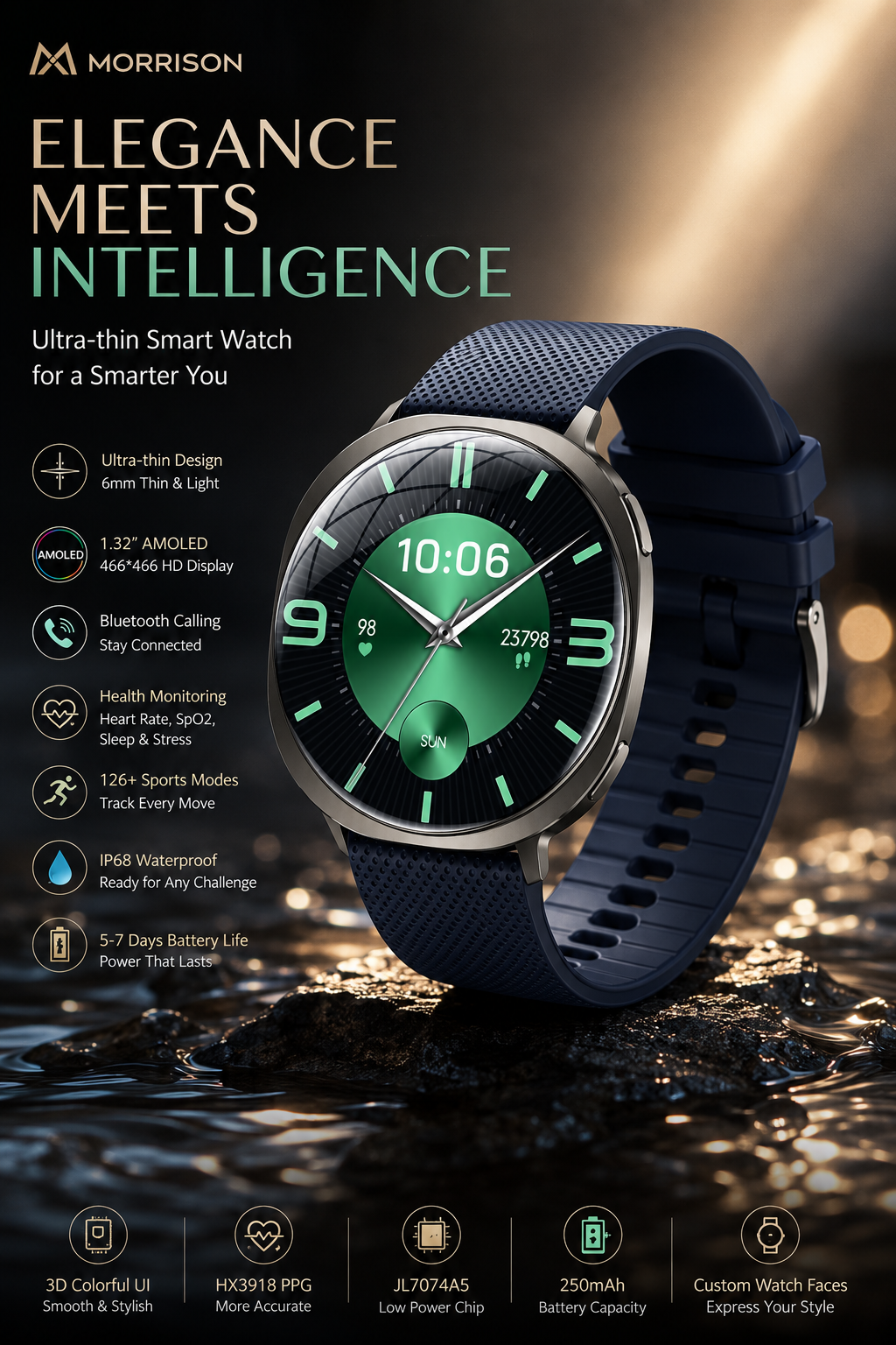 Morrison IP68 Elegant Luxury Smart Watch 1.32'' AMOLED Bluetooth Call Sports Watch