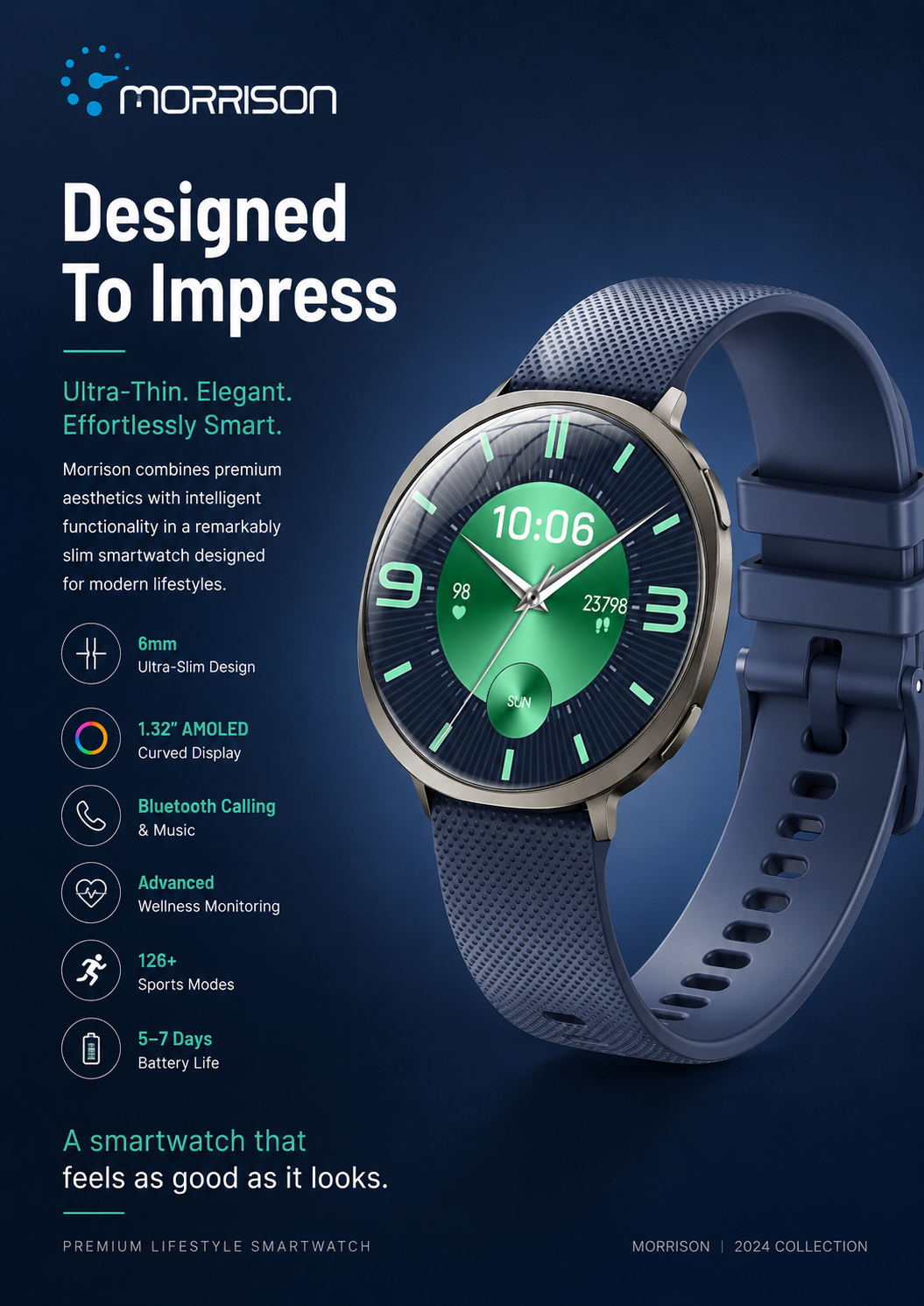 Morrison IP68 Elegant Luxury Smart Watch with 1.32 Inch AMOLED Display