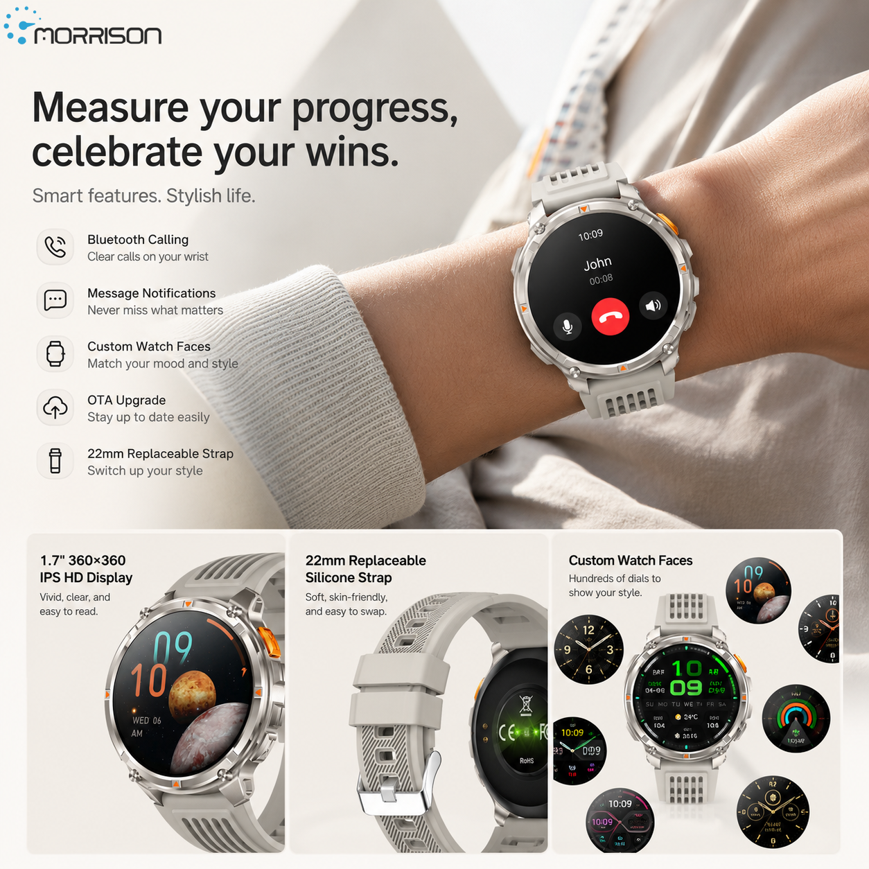 Morrison IP68 Elegant Luxury Smart Watch with 1.7 Inch HD IPS Display, Bluetooth Calling and 1100mAh Battery