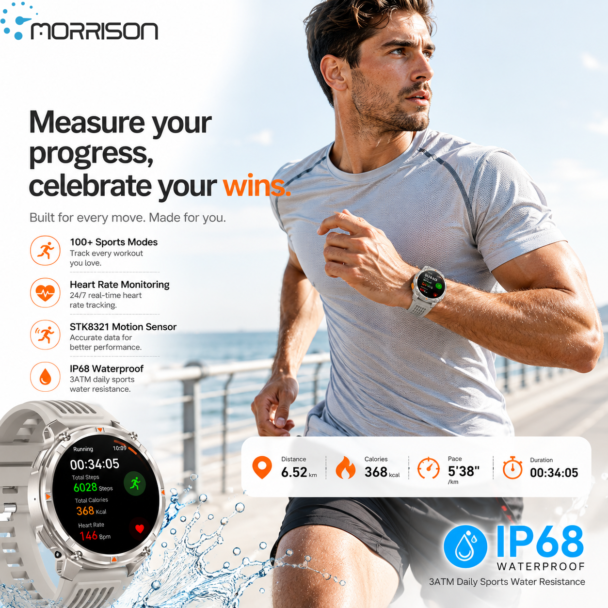 Morrison IP68 Elegant Luxury Smart Watch with 1.7 Inch HD IPS Display, Bluetooth Calling and 1100mAh Battery