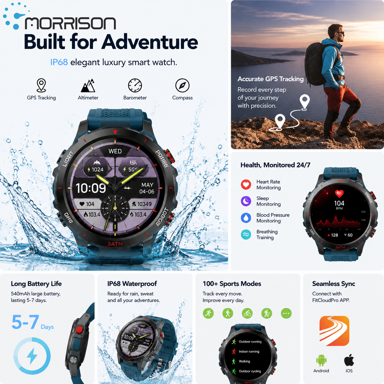 Morrison IP68 Elegant Luxury Smart Watch with GPS, Bluetooth Calling, Heart Rate Monitor & Outdoor Sports Tracking