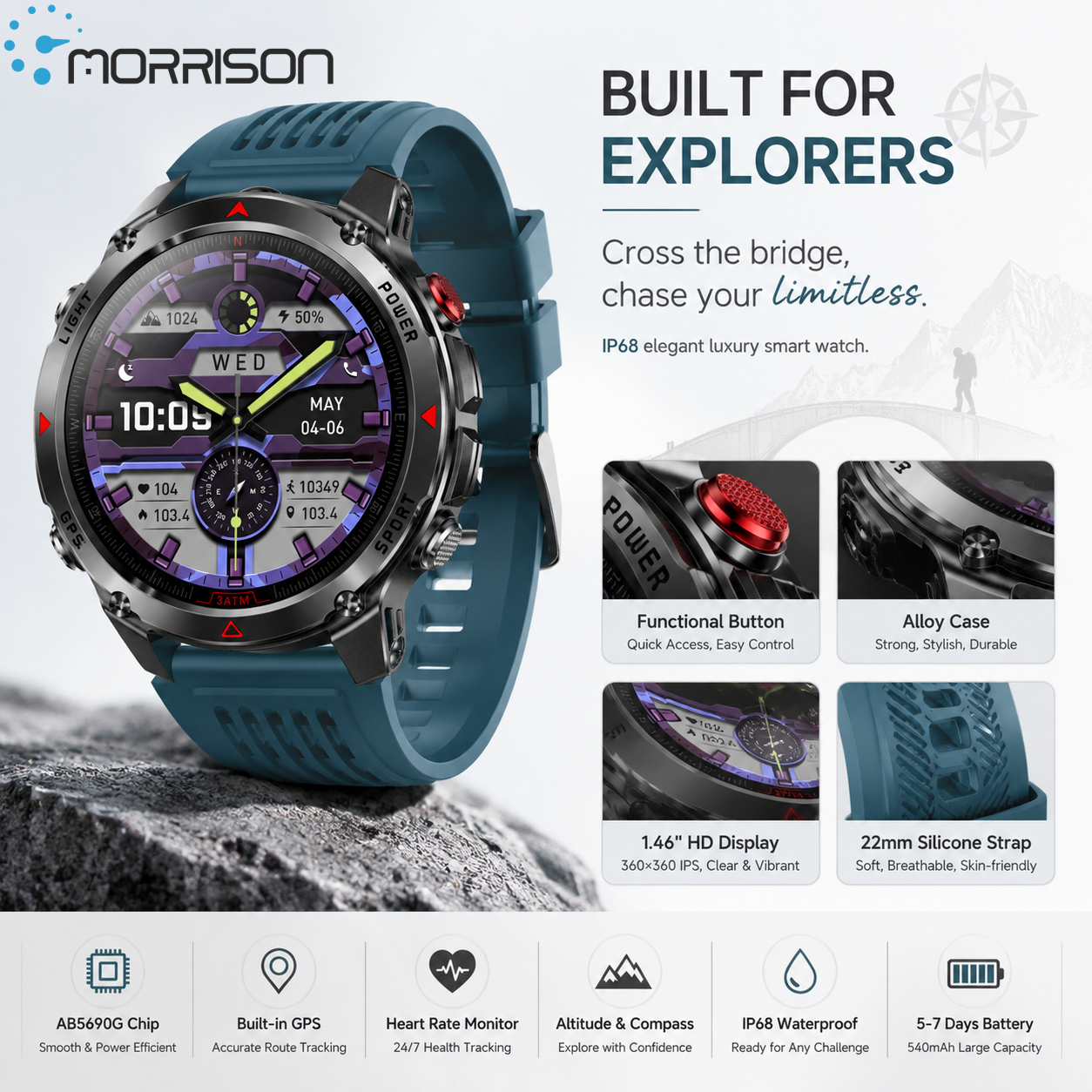 Morrison IP68 Elegant Luxury Smart Watch with GPS, Bluetooth Calling, Heart Rate Monitor & Outdoor Sports Tracking