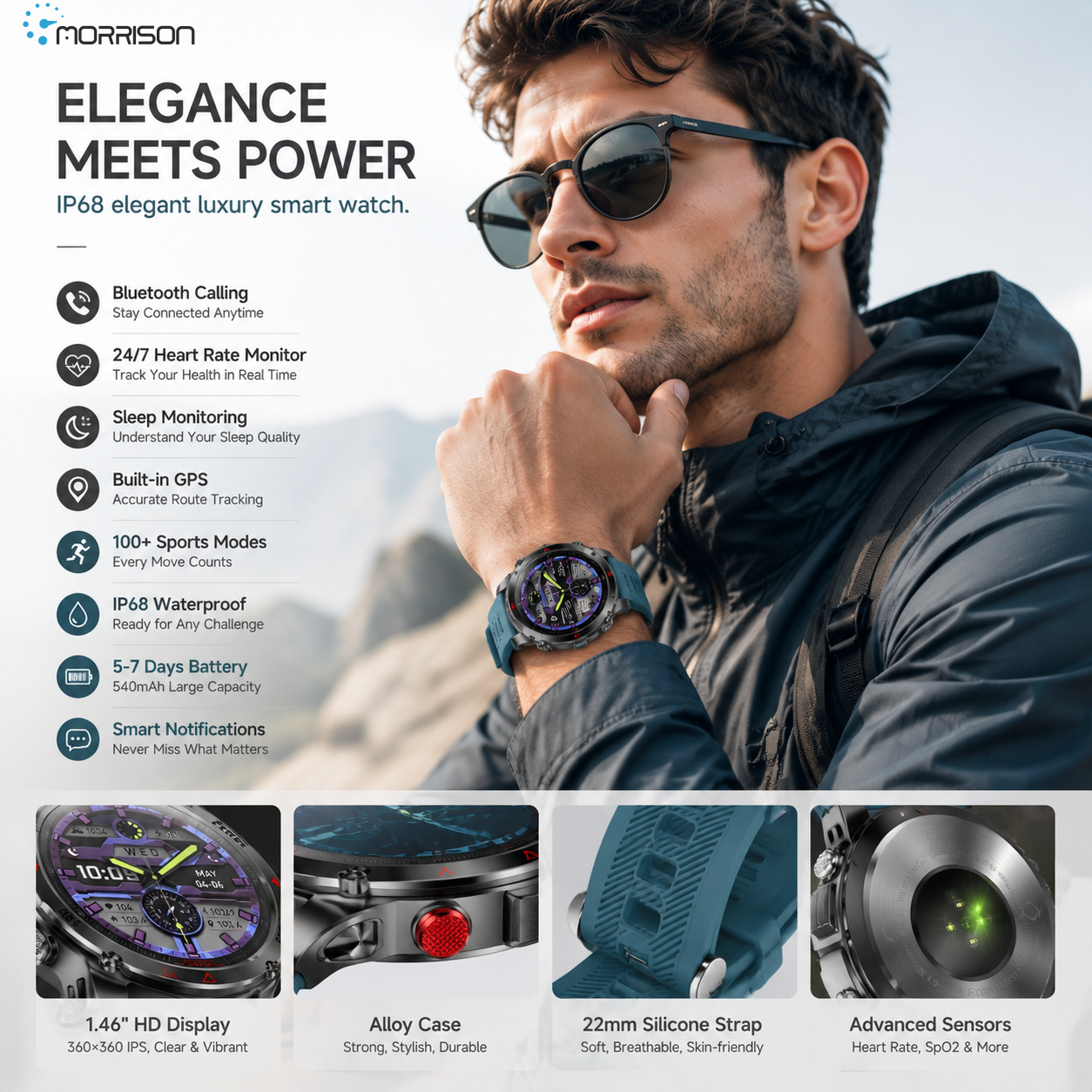 Morrison IP68 Elegant Luxury Smart Watch with GPS, Bluetooth Calling, Heart Rate Monitor & Outdoor Sports Tracking