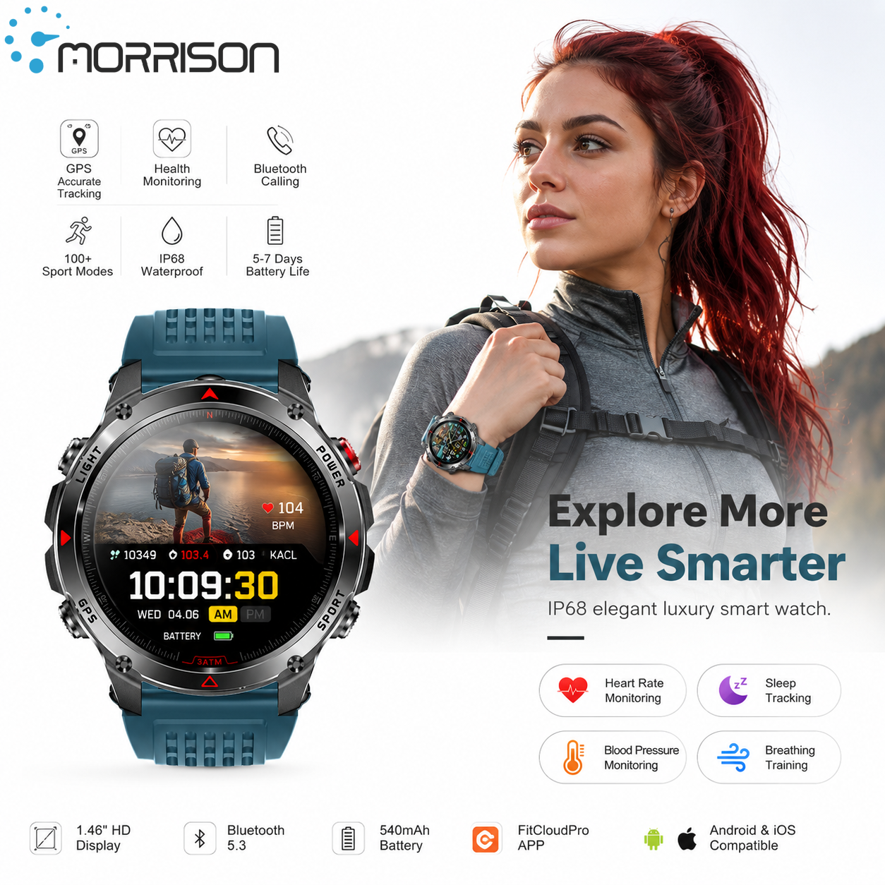 Morrison IP68 Elegant Luxury Smart Watch with GPS, Bluetooth Calling, Heart Rate Monitor & Outdoor Sports Tracking