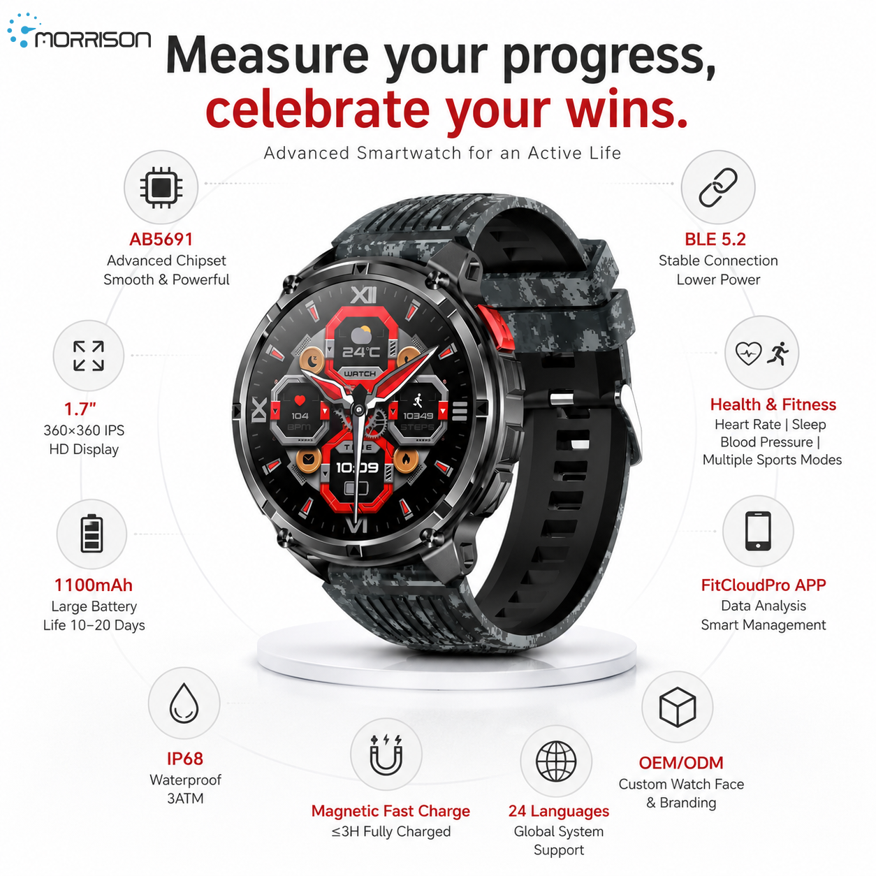 Morrison IP68 Elegant Luxury Smart Watch with Bluetooth Calling, 1.7'' IPS Display and 1100mAh Battery