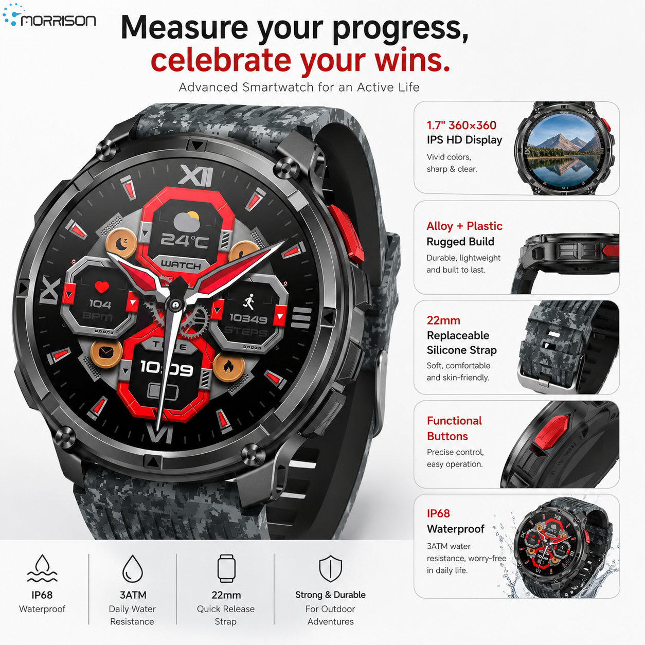 Morrison IP68 Elegant Luxury Smart Watch with Bluetooth Calling, 1.7'' IPS Display and 1100mAh Battery