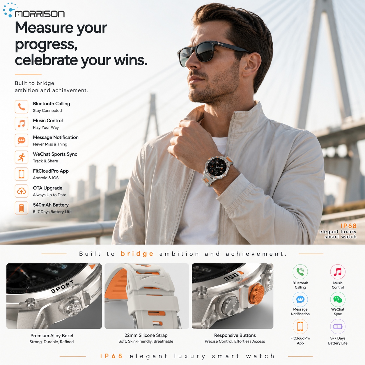 Morrison IP68 Elegant Luxury Smart Watch GPS Outdoor Sports Bluetooth Calling Fitness Tracker