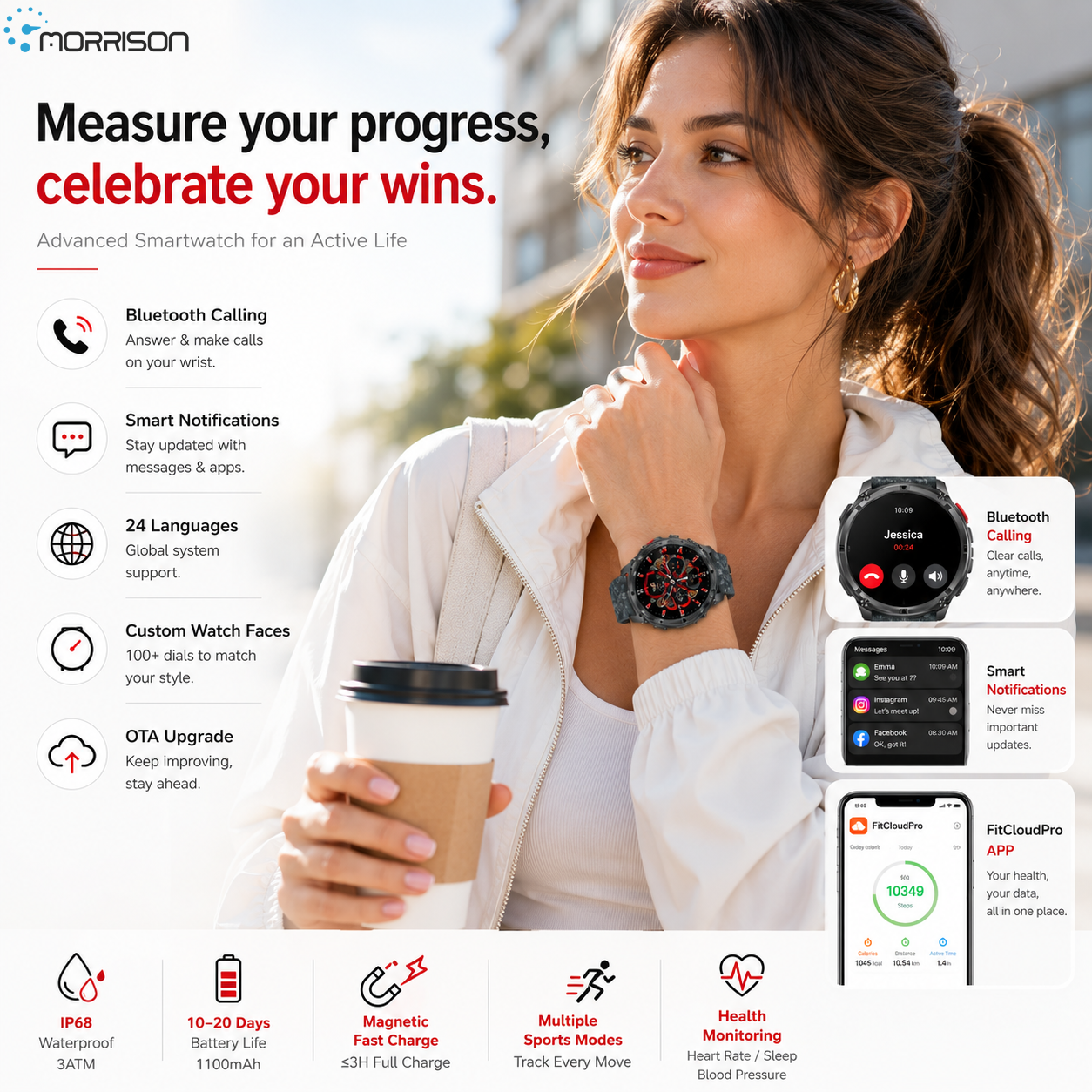 Morrison IP68 Elegant Luxury Smart Watch with Bluetooth Calling, 1.7'' IPS Display and 1100mAh Battery
