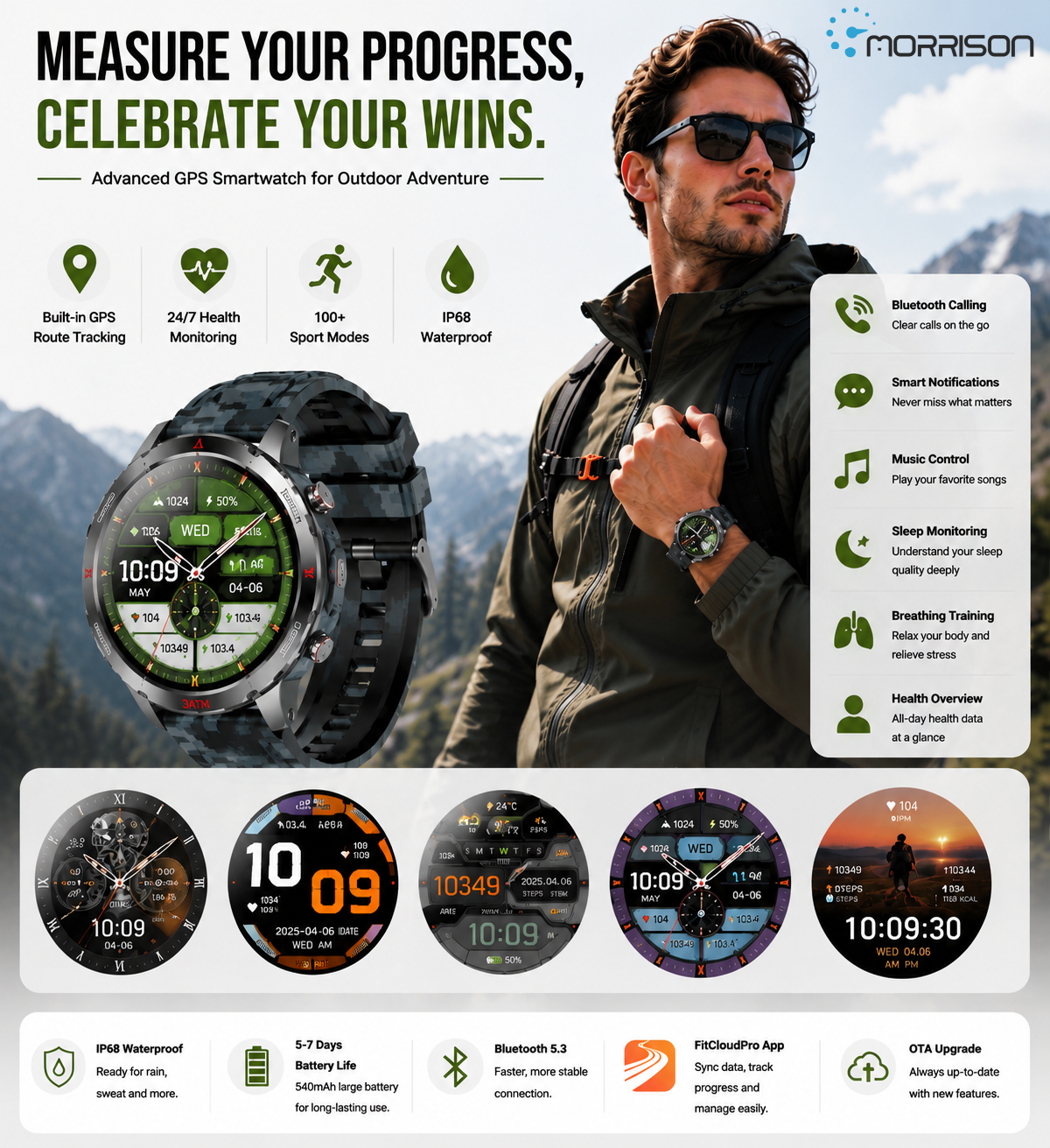 Morrison IP68 Elegant Luxury Smart Watch GPS Outdoor Sports Fitness Tracker with Bluetooth Calling