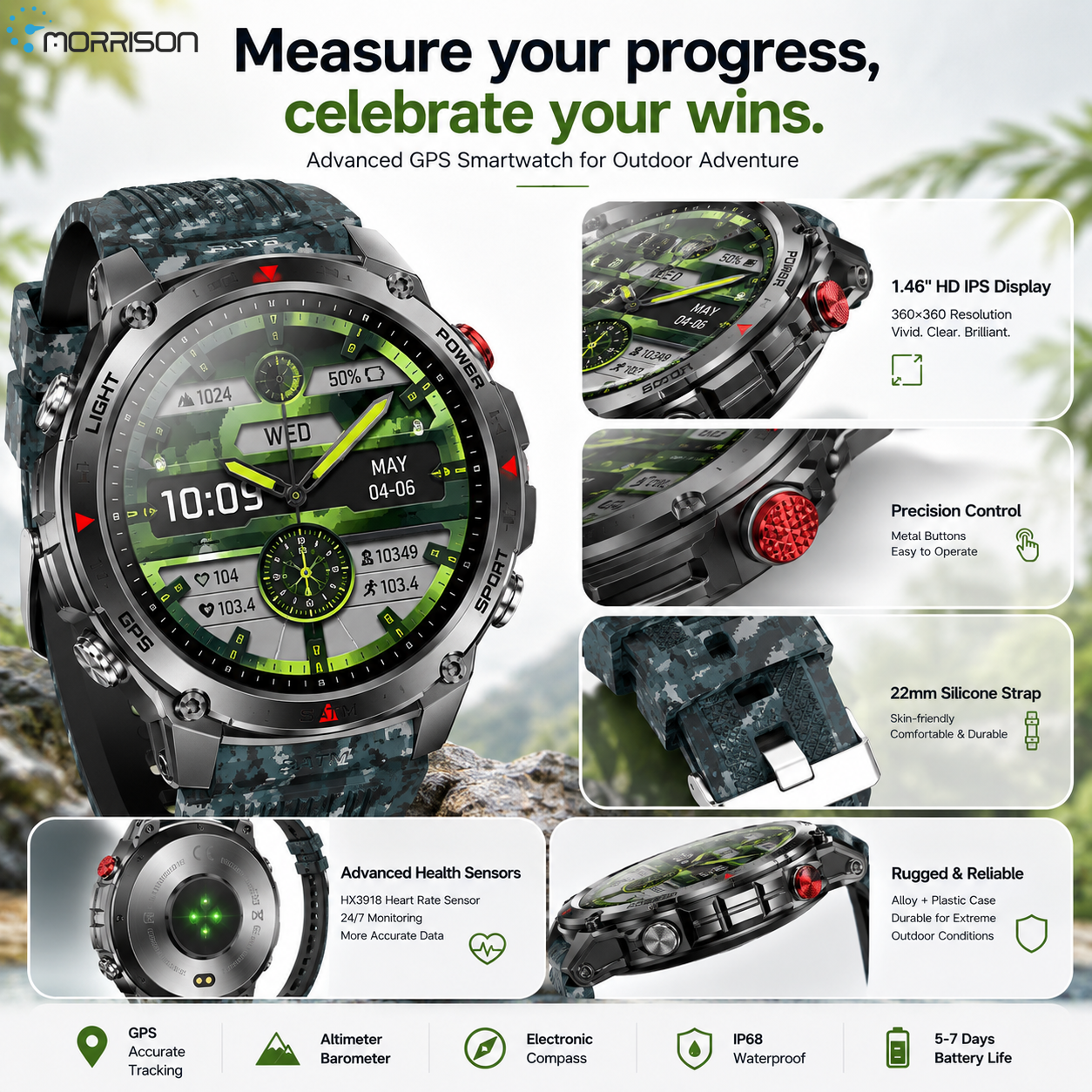 Morrison IP68 Elegant Luxury Smart Watch GPS Outdoor Sports Fitness Tracker with Bluetooth Calling