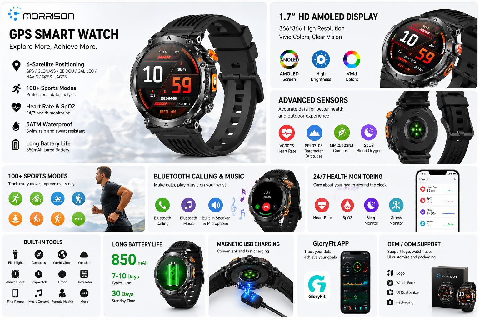 Morrison IP68 Elegant Luxury Smart Watch with GPS Outdoor Sports Tracking and Bluetooth Calling
