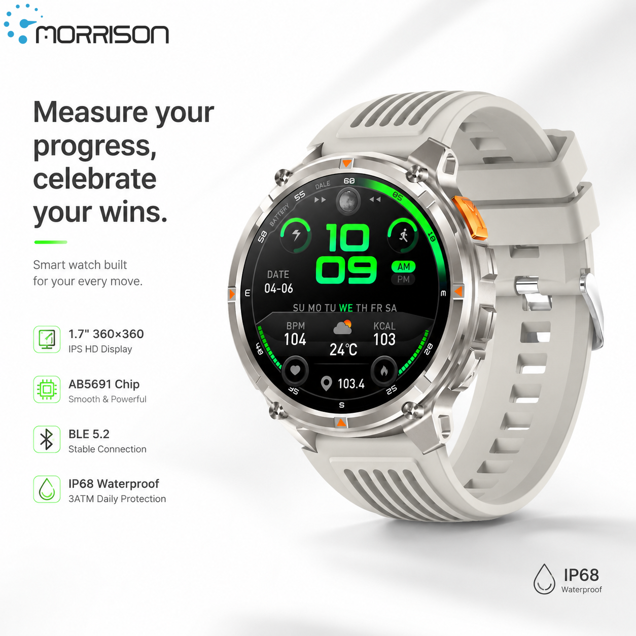 Morrison IP68 Elegant Luxury Smart Watch 1.7'' HD Bluetooth Calling Fitness Watch