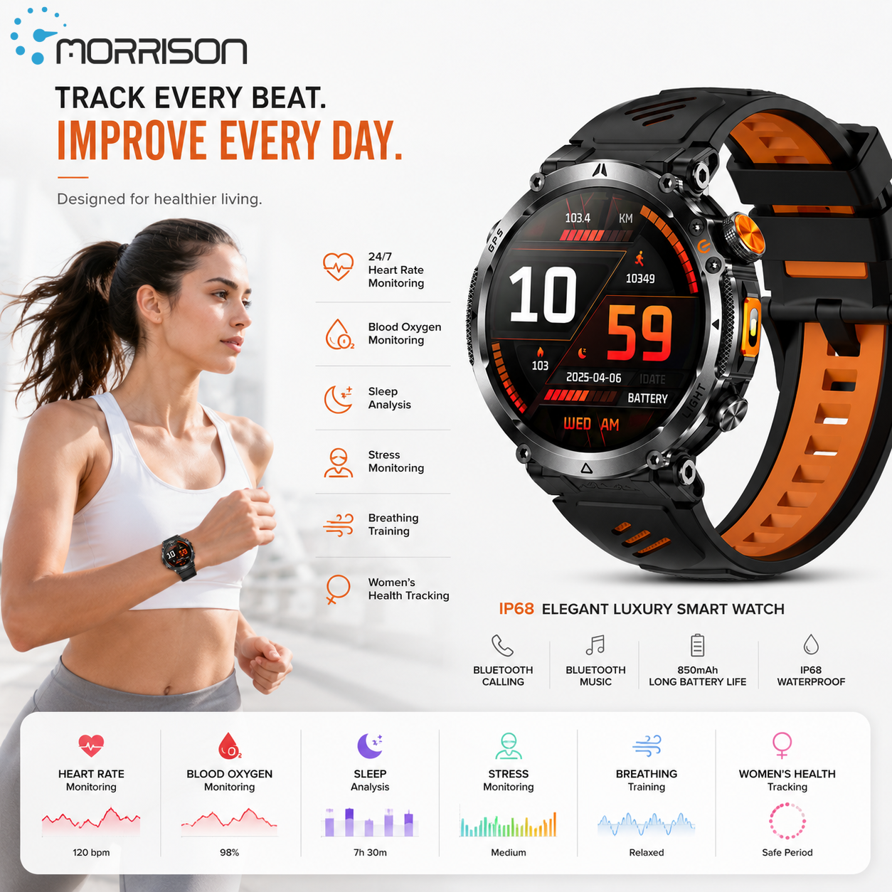 Morrison IP68 Elegant Luxury Smart Watch with GPS, Bluetooth Calling, 1.7'' HD Display & 850mAh Battery