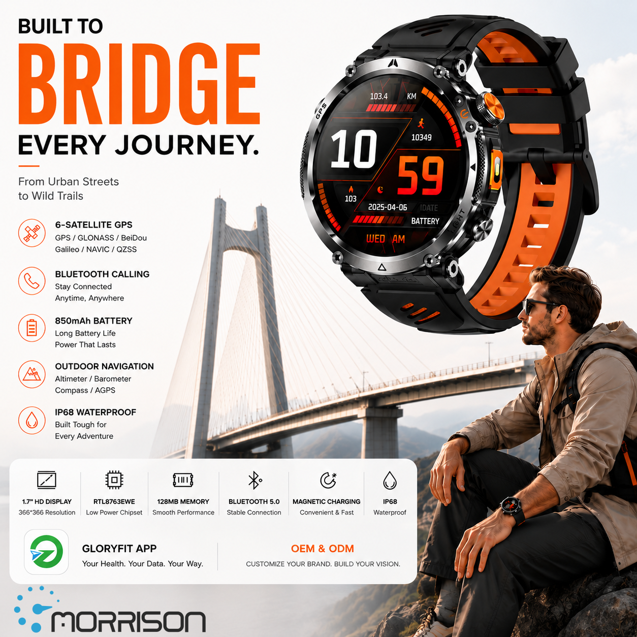 Morrison IP68 Elegant Luxury Smart Watch with GPS, Bluetooth Calling, 1.7'' HD Display & 850mAh Battery