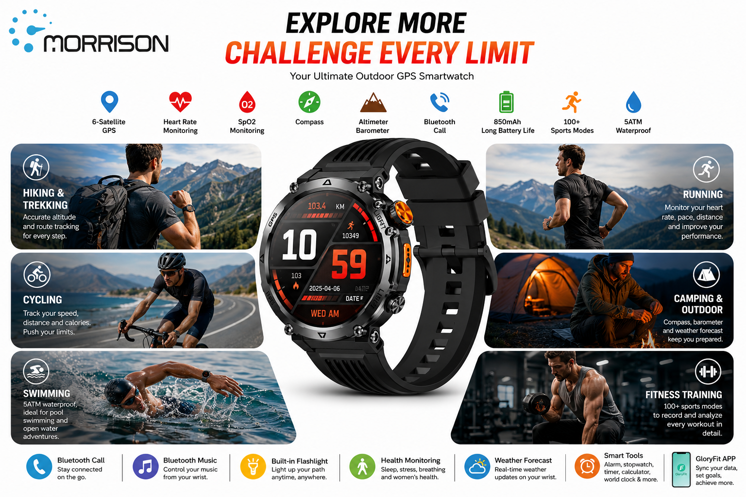 Morrison IP68 Elegant Luxury Smart Watch with GPS Outdoor Sports Tracking and Bluetooth Calling