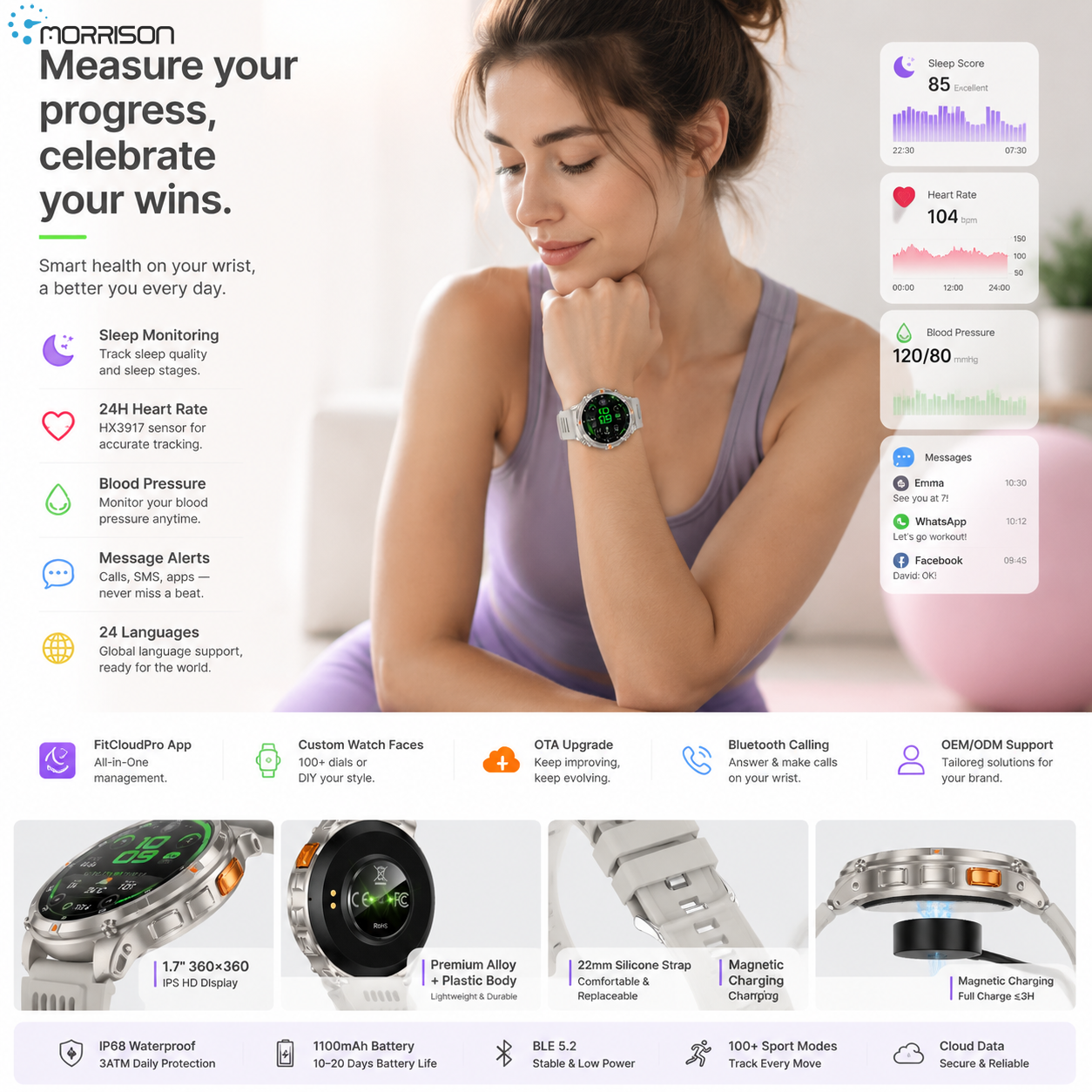 Morrison IP68 Elegant Luxury Smart Watch 1.7'' HD Bluetooth Calling Fitness Watch