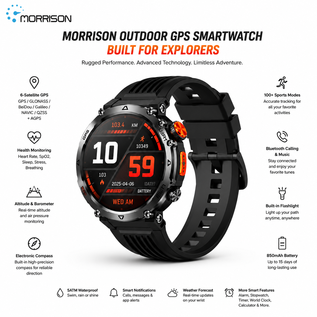Morrison IP68 Elegant Luxury Smart Watch with GPS Outdoor Sports Tracking and Bluetooth Calling