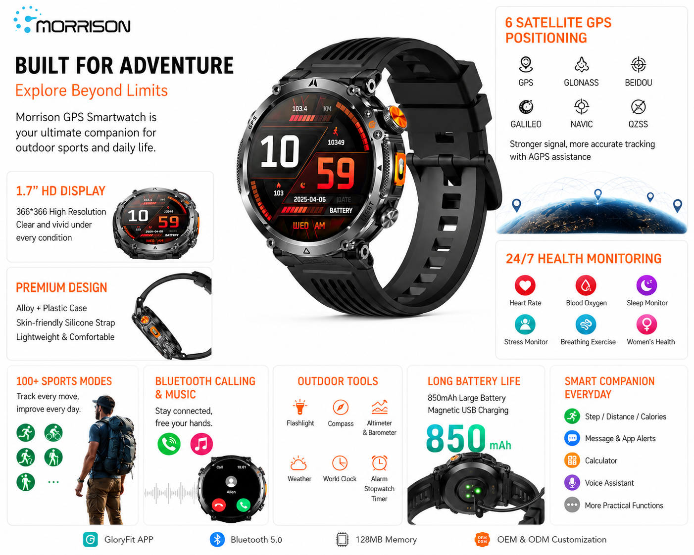 Morrison IP68 Elegant Luxury Smart Watch with GPS Outdoor Sports Tracking and Bluetooth Calling