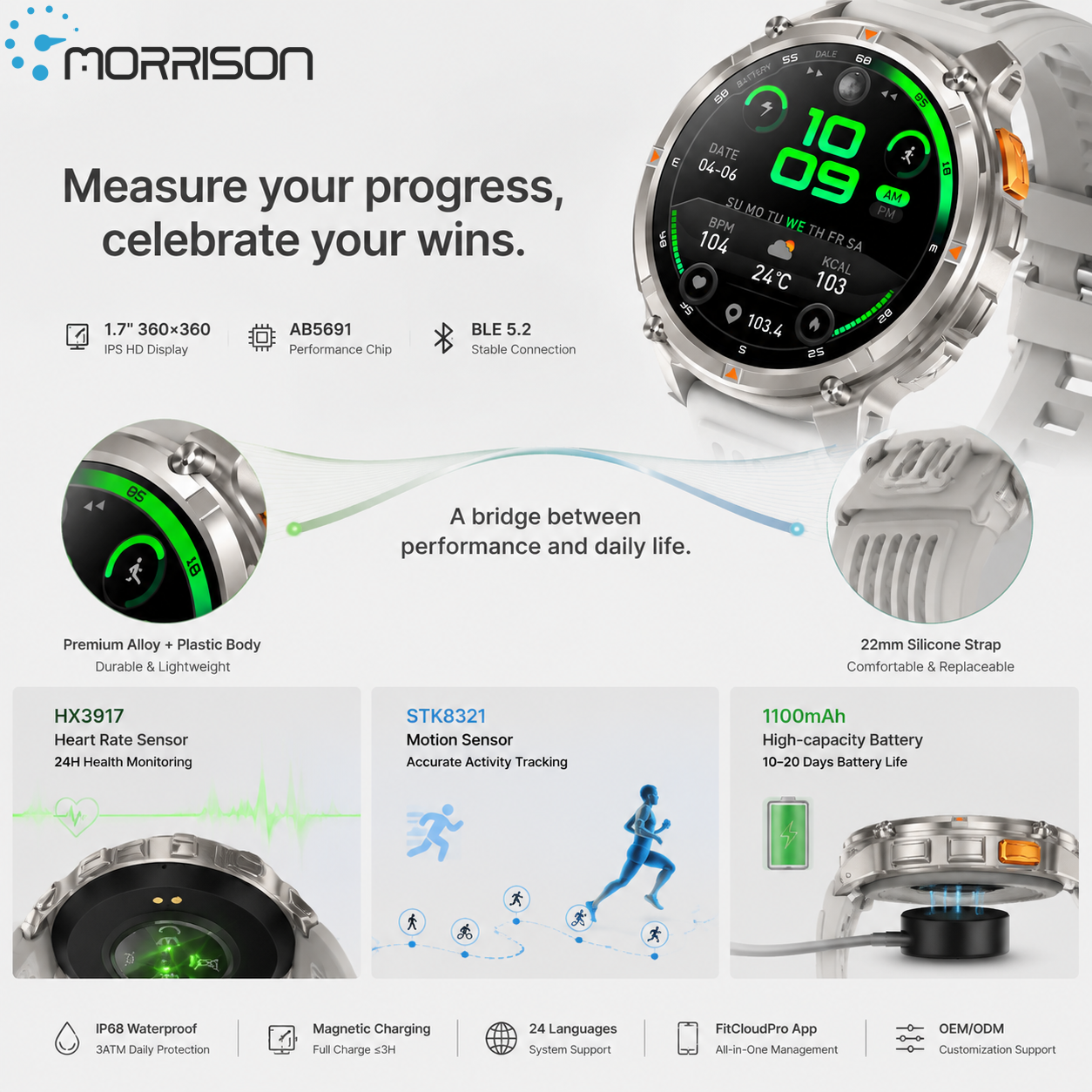 Morrison IP68 Elegant Luxury Smart Watch 1.7'' HD Bluetooth Calling Fitness Watch