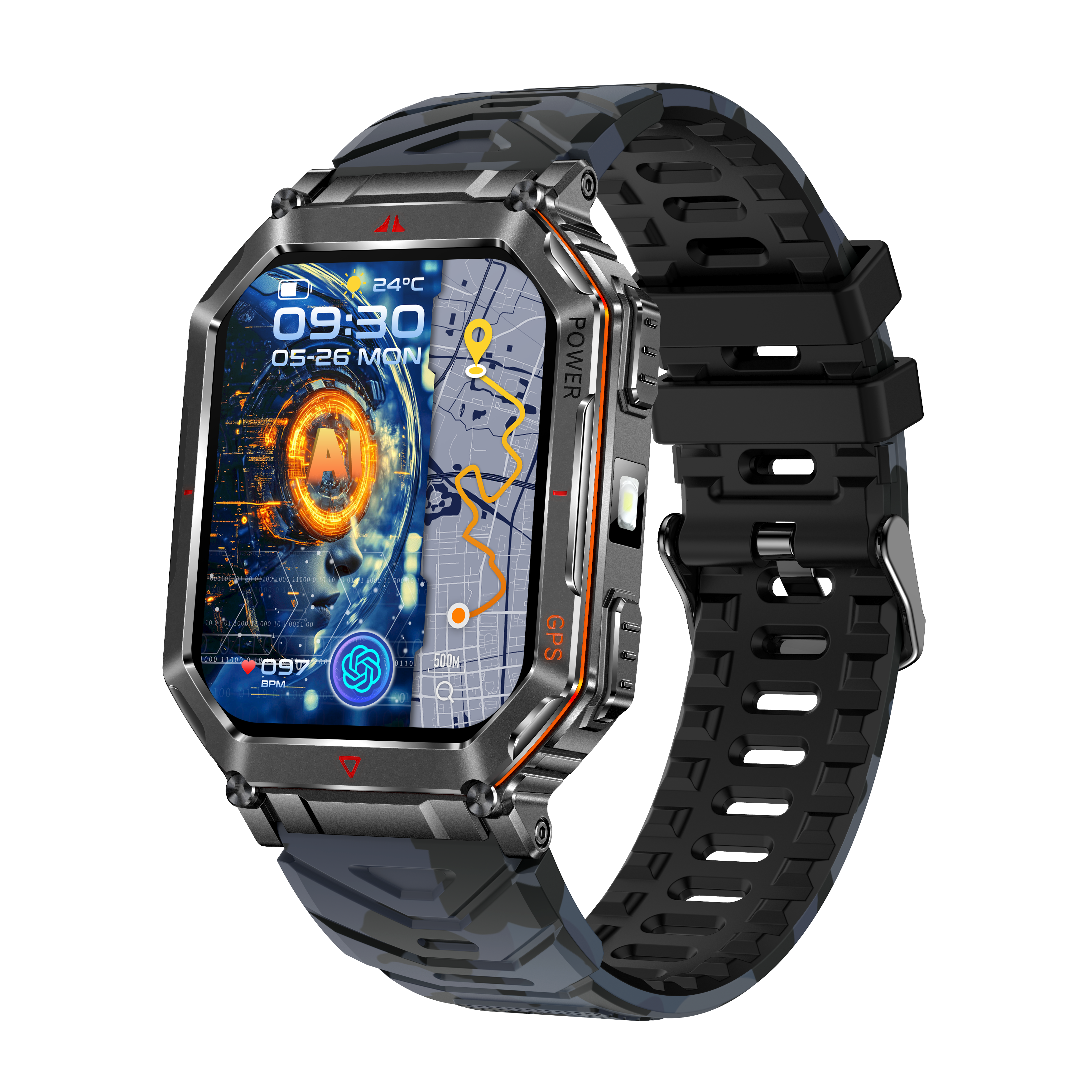 2.01'' Outdoor Men’s AI GPS Smart Watch with Bluetooth Calling, Altimeter, Compass & 107+ Sports Modes