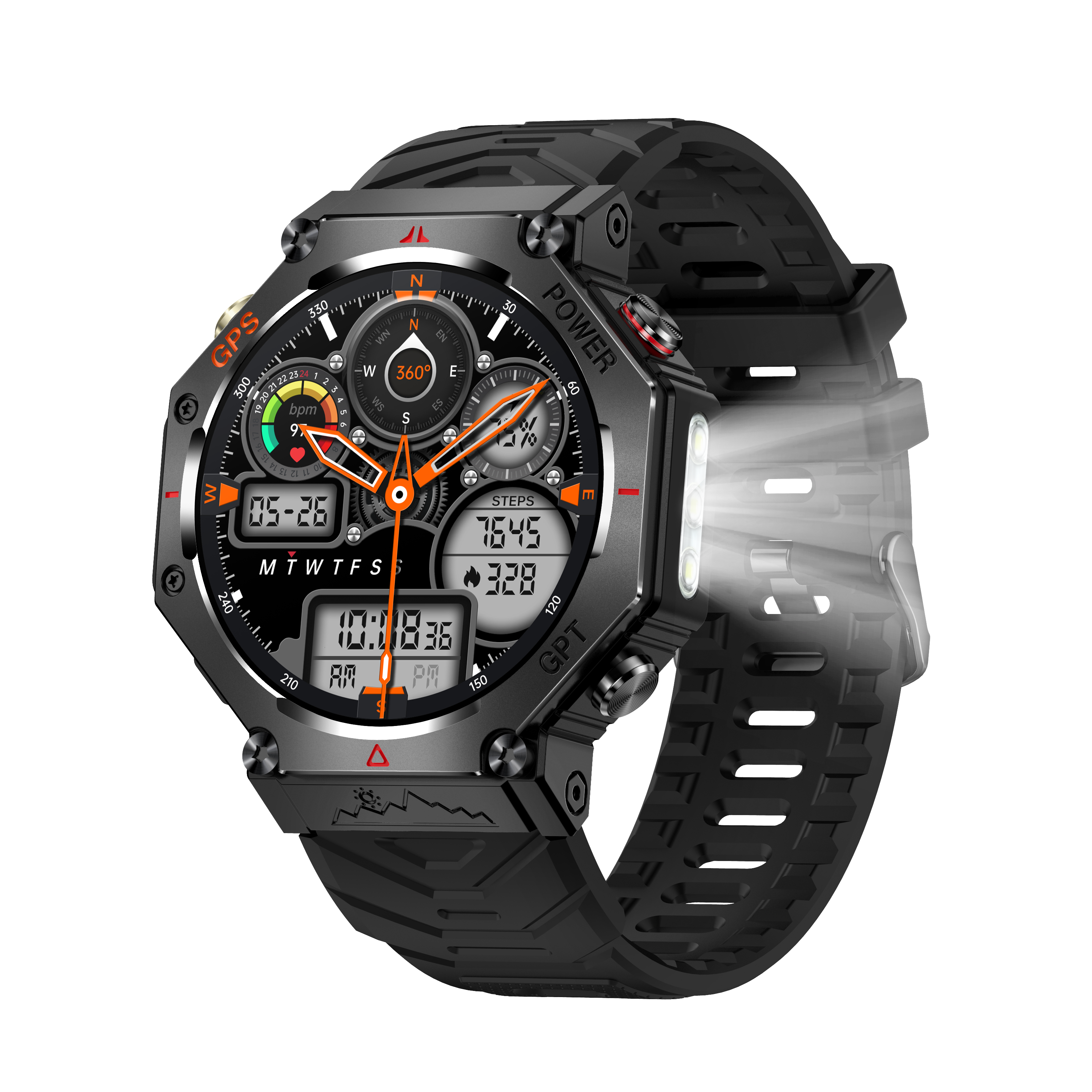 Rugged AI-Powered Outdoor Smartwatch for Men with GPS, Flashlight & 100+ Sports Modes