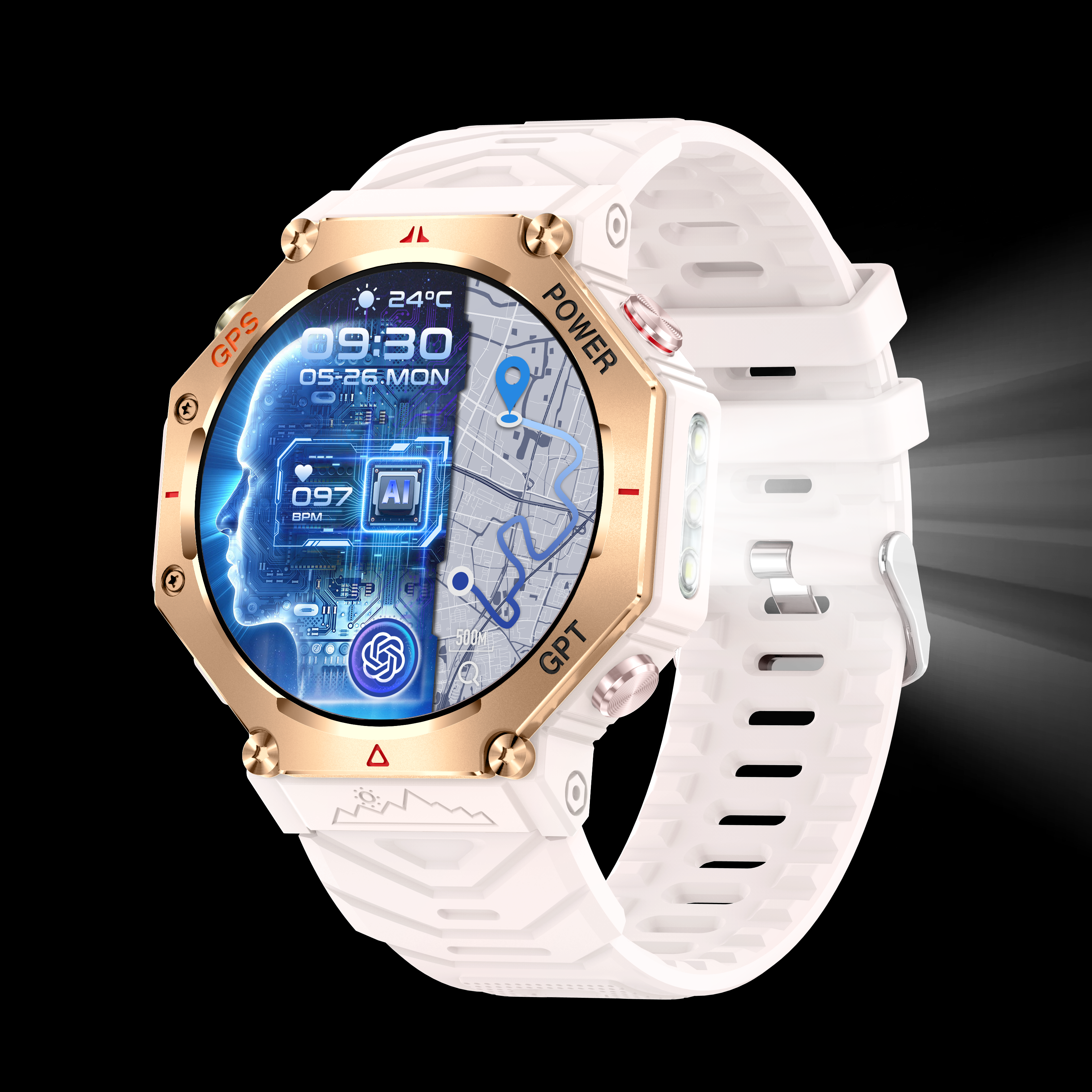 Men’s Outdoor AI GPS Smart Watch with Flashlight, AMOLED Display, ChatGPT & Call Function