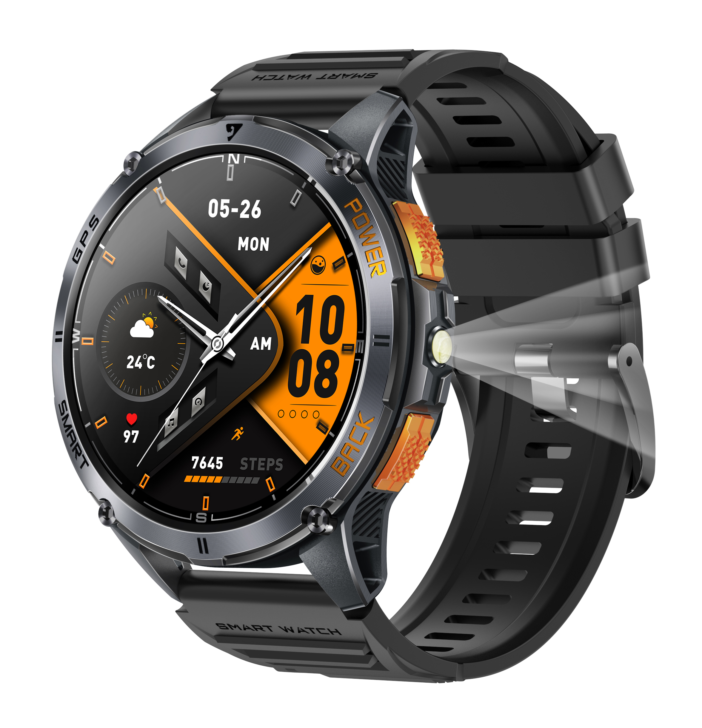 Rugged GPS Outdoor Smartwatch with AMOLED Display & Flashlight