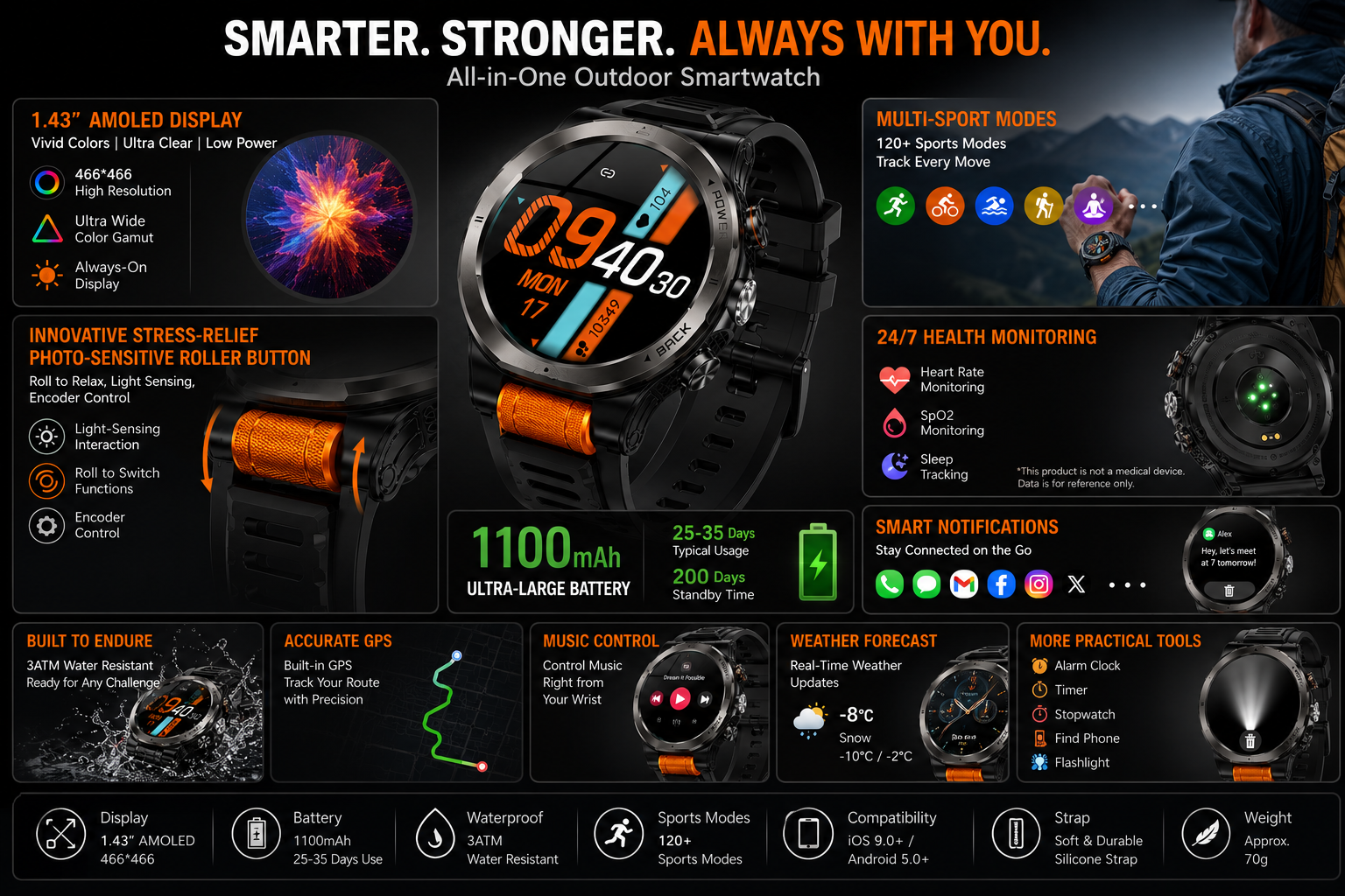 Morrison Luxury Outdoor AMOLED Smart Watch with Flashlight Bluetooth Call 1100mAh Battery IP68 Waterproof