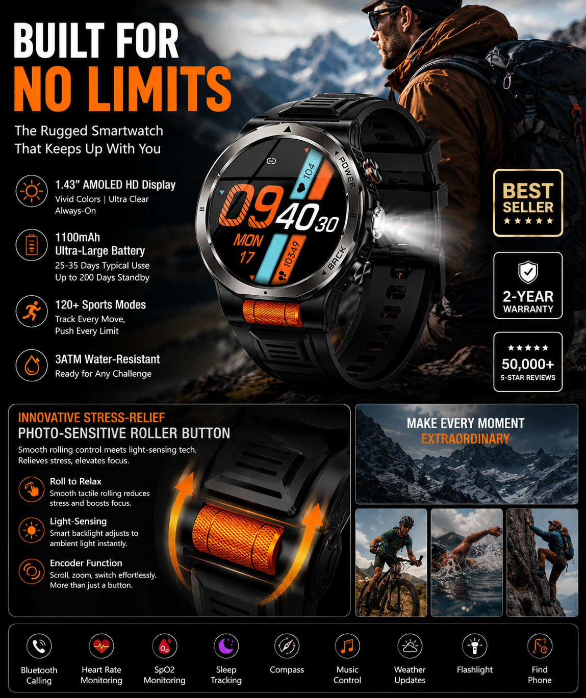 Morrison Luxury Outdoor AMOLED Smart Watch with Flashlight Bluetooth Call 1100mAh Battery IP68 Waterproof