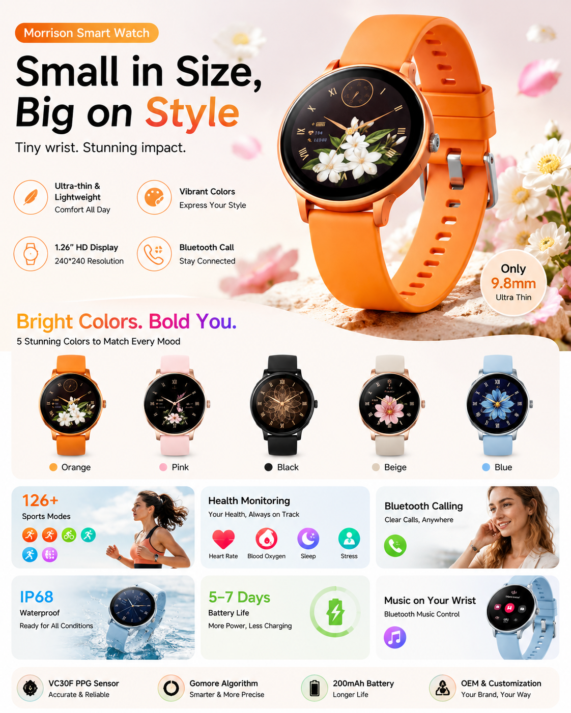 Morrison IP68 Waterproof Fashion Sports Elegant Luxury Smart Watch with Bluetooth Call 1.26 Inch Round Display