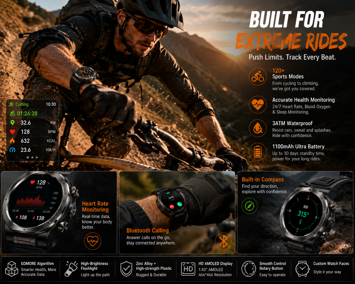 Morrison IP68 Waterproof Luxury Outdoor Sports AMOLED Smart Watch with Bluetooth Call & Flashlight