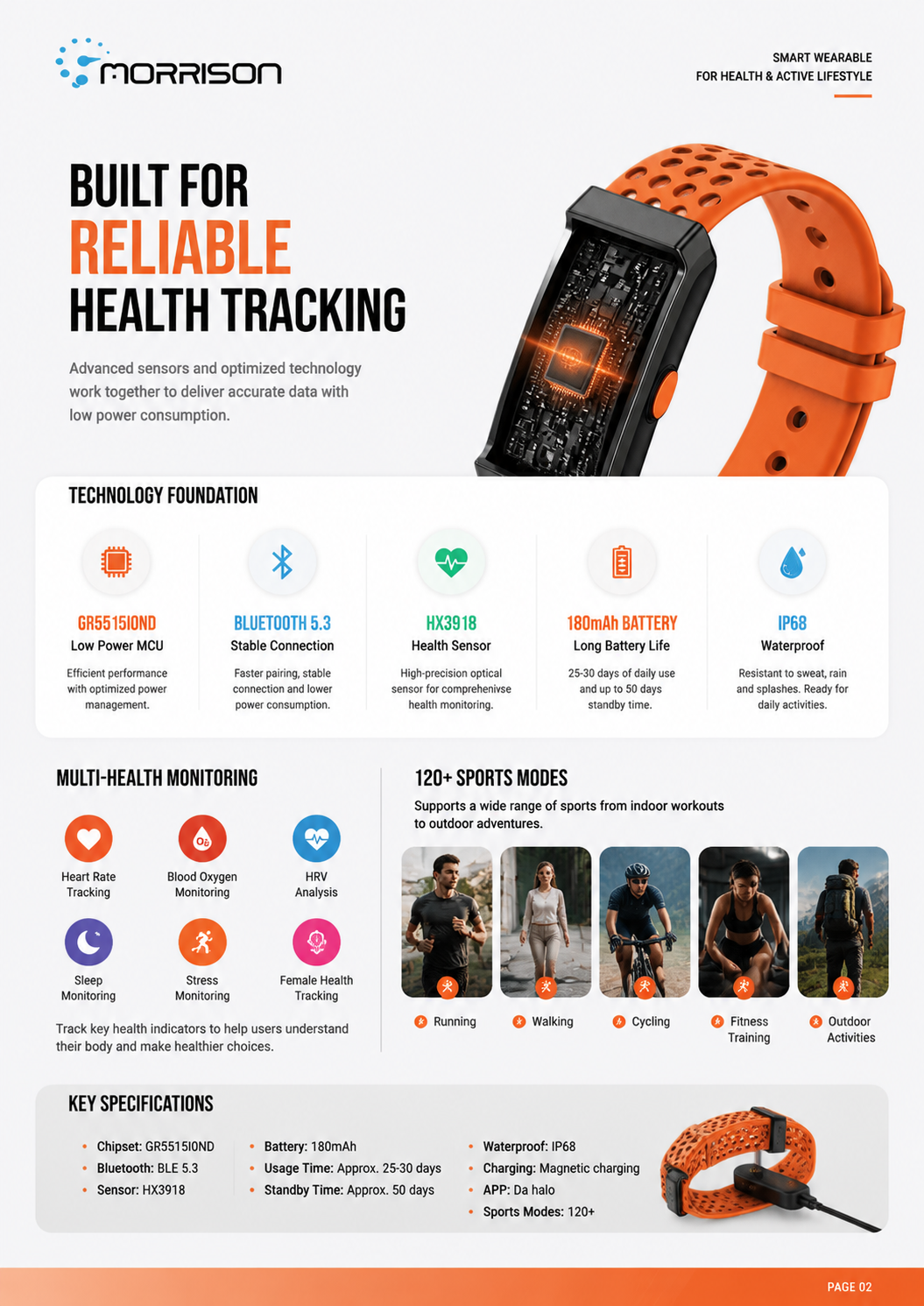 Morrison Screenless Smart Bracelet IP68 Waterproof Sports Health Tracker with BLE 5.3