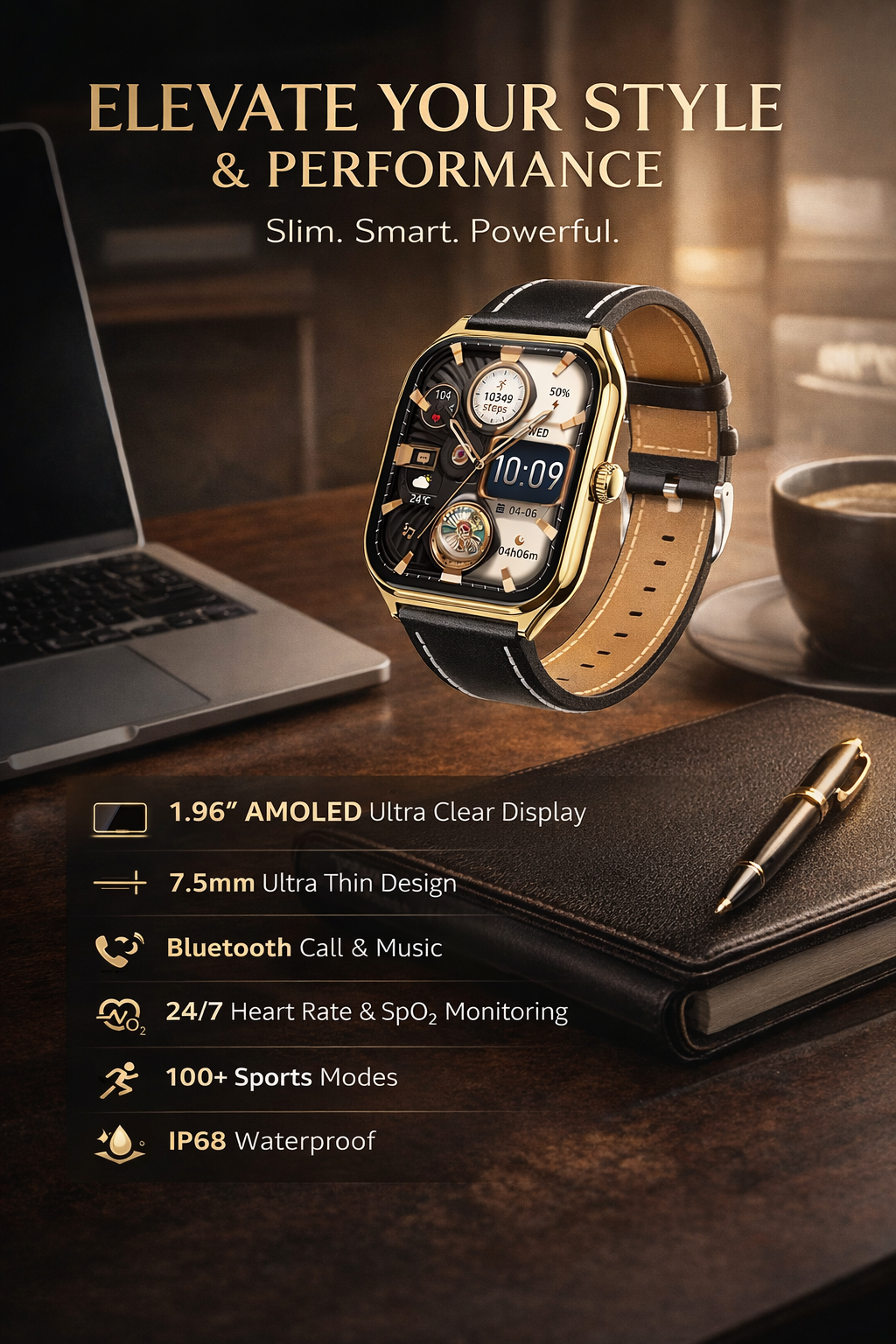 Morrison Luxury Curved AMOLED Smart Watch 1.96'' IP68 Waterproof Bluetooth Call Fitness Tracker