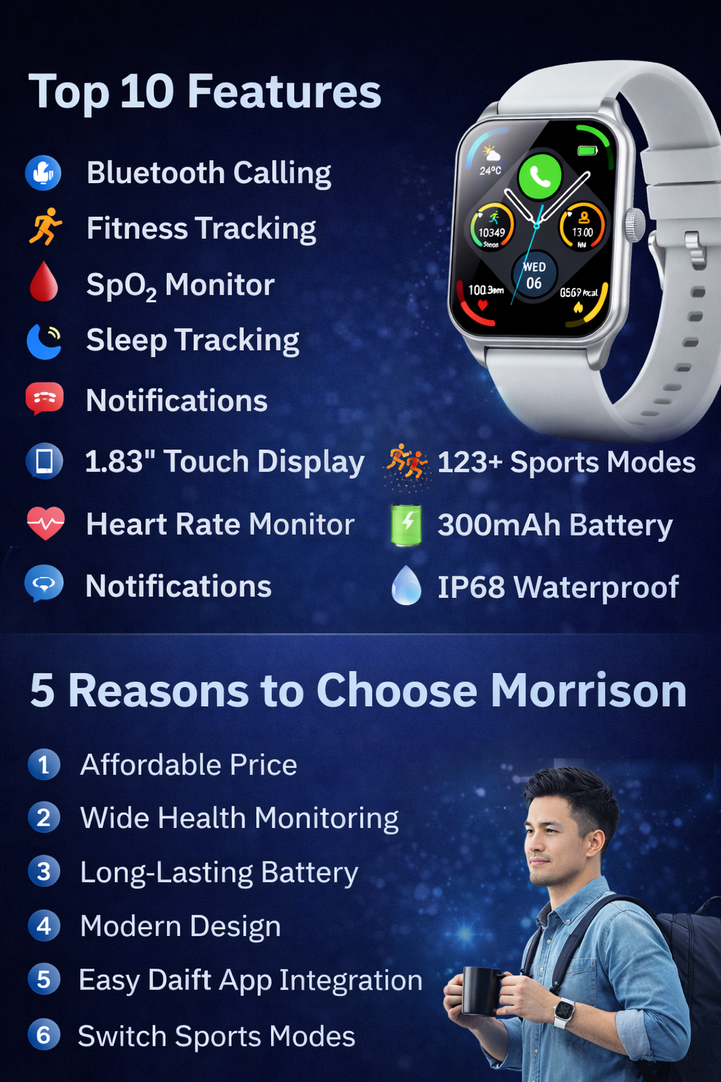 Morrison IP68 Waterproof Fashion Sports Smart Watch 1.83'' Bluetooth Call Fitness Tracker