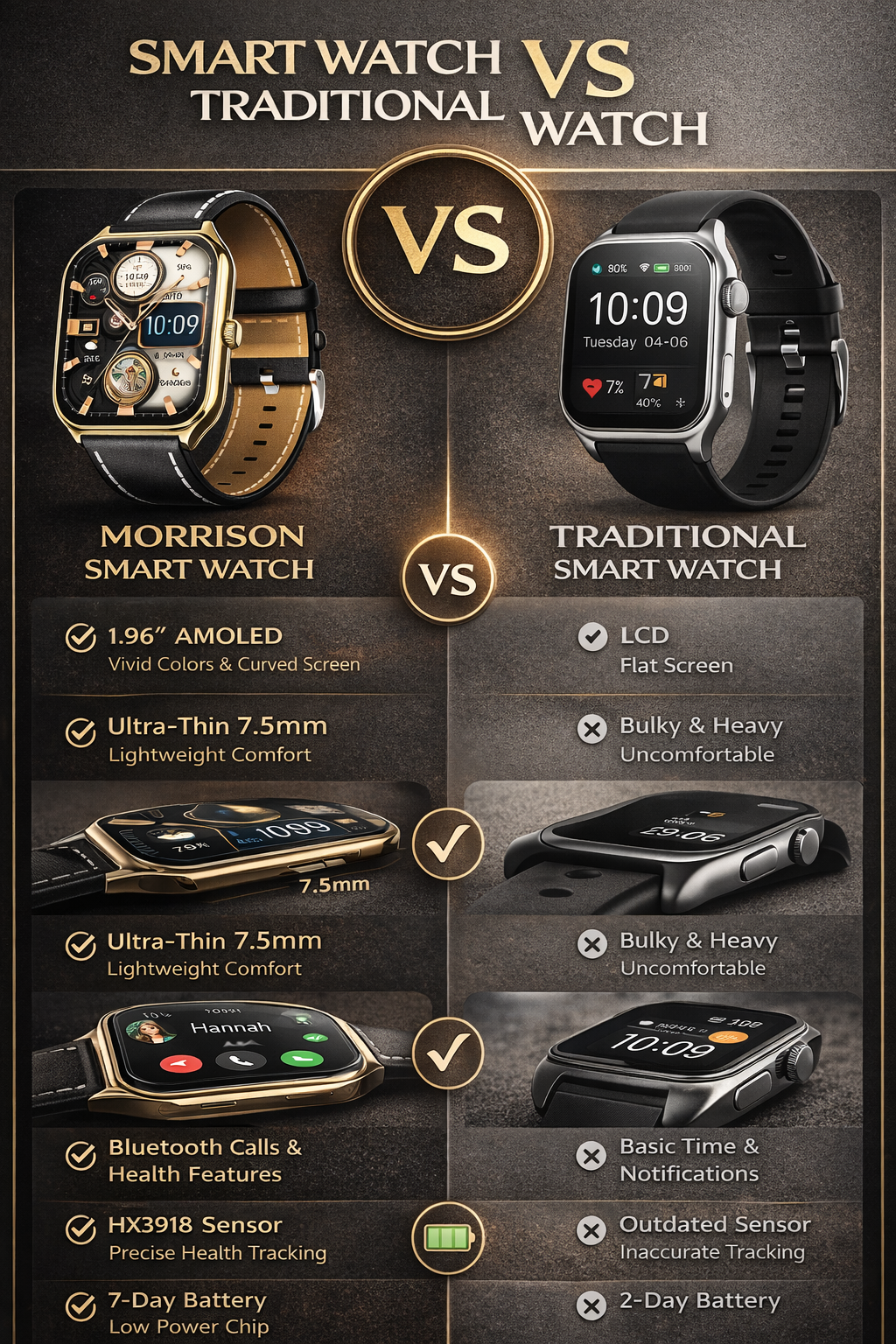 Morrison Luxury Curved AMOLED Smart Watch 1.96'' IP68 Waterproof Bluetooth Call Fitness Tracker