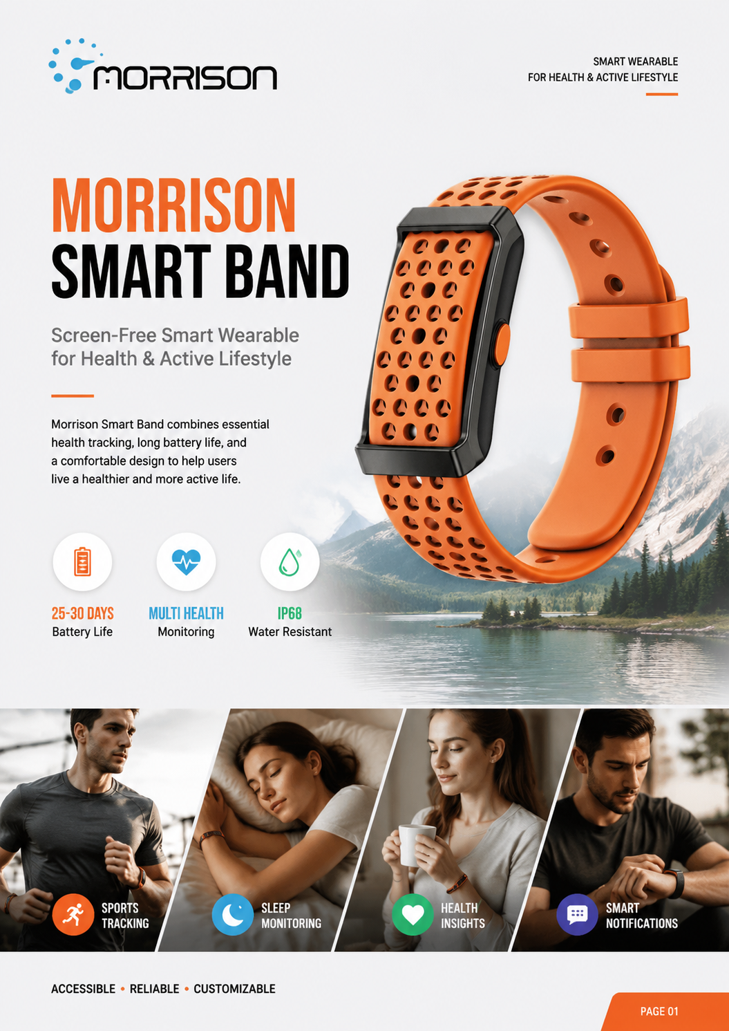 Morrison Screenless Smart Bracelet IP68 Waterproof Sports Health Tracker with BLE 5.3