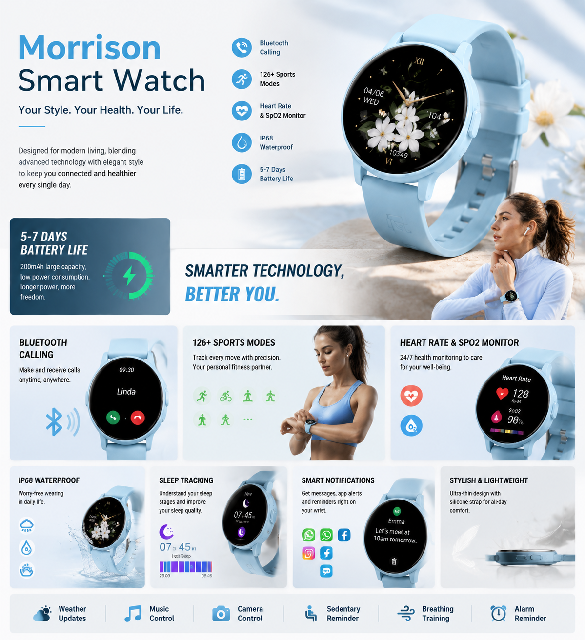 Morrison IP68 Waterproof Fashion Sports Elegant Luxury Smart Watch with Bluetooth Calling