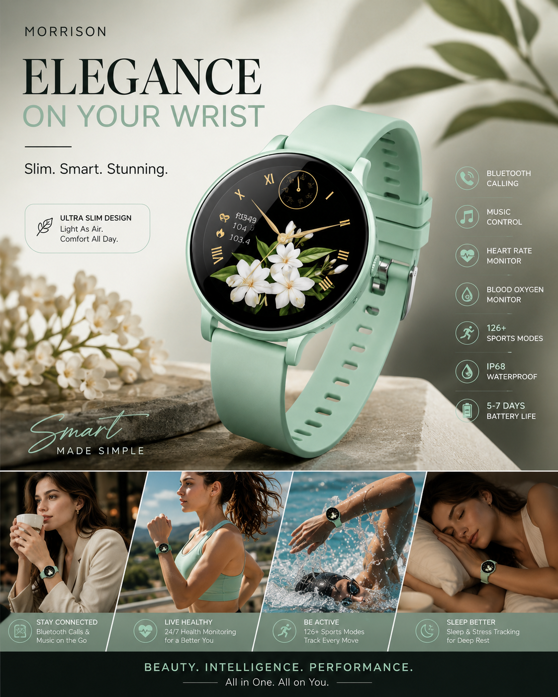 Morrison IP68 Waterproof Touch Screen Fashion Sports Elegant Luxury Smart Watch with Bluetooth Call and 126+ Sport Modes
