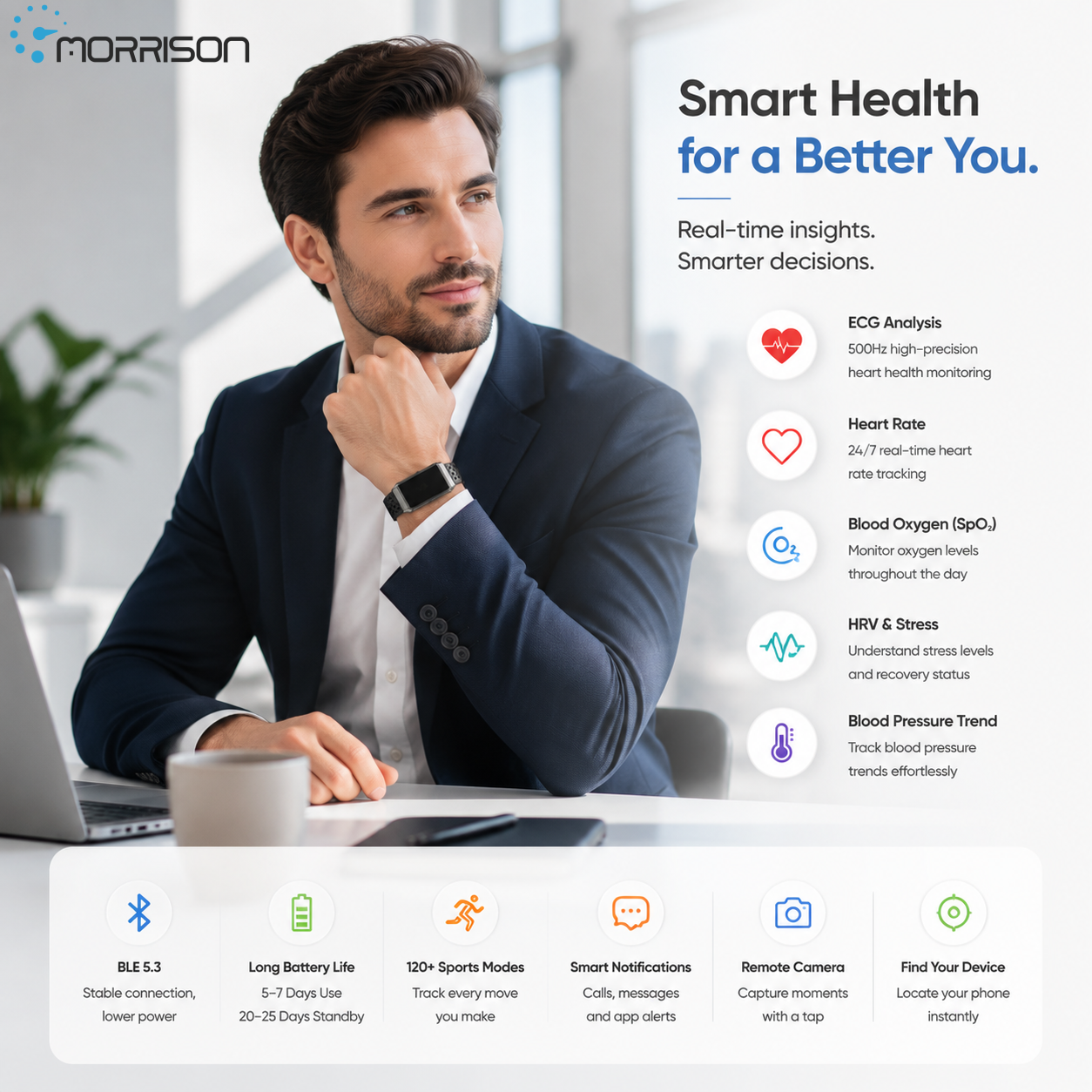 Morrison Screenless Smart Bracelet IP68 ECG Health Fitness Tracker