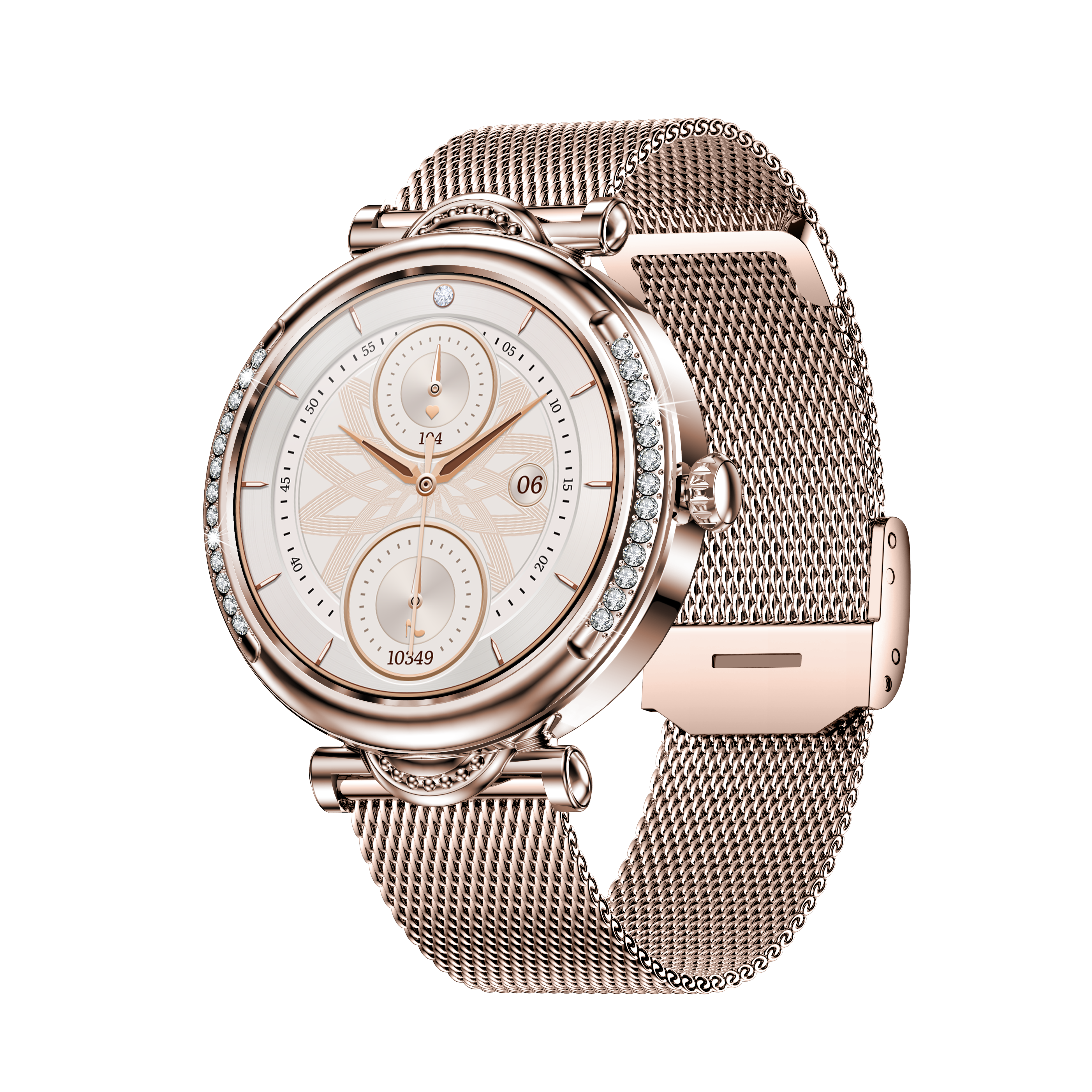 Luxury Women’s Diamond Round Smart Watch, 1.27'' 360*360, Zinc Alloy Case, Call Function, Milanese Strap, IP68 Waterproof, 100+ Sports Modes