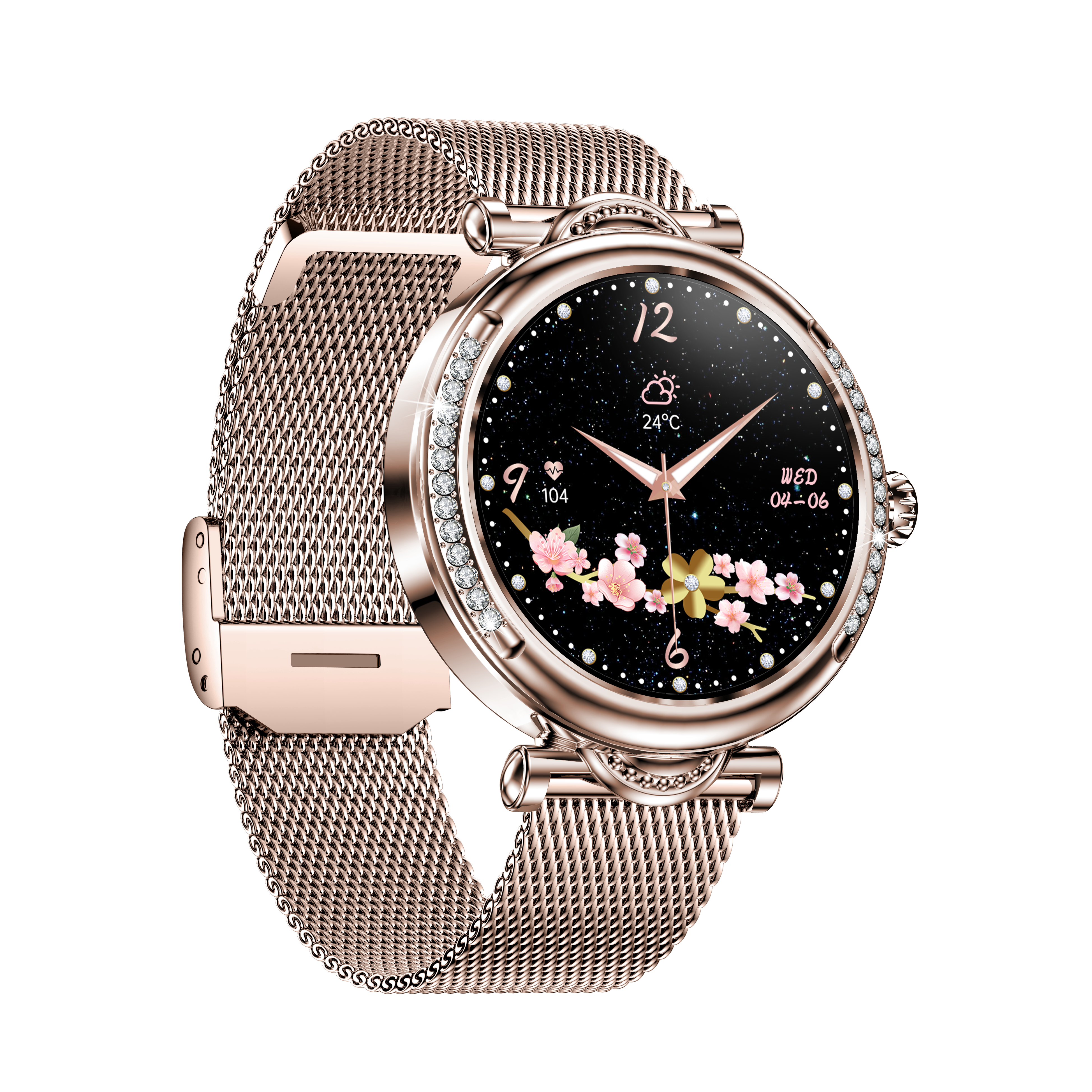 Luxury Women’s Diamond Round Smart Watch, 1.27'' 360*360, Zinc Alloy Case, Call Function, Milanese Strap, IP68 Waterproof, 100+ Sports Modes