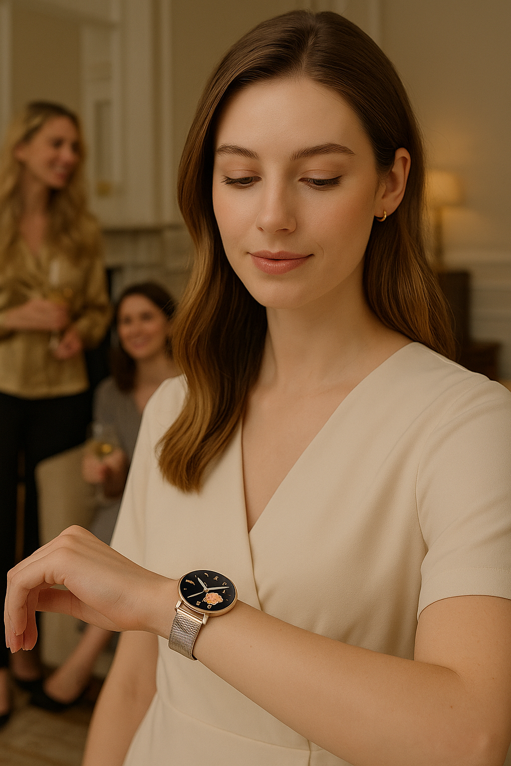 Round Women Smart Watch with Floral Dial – Elegant Rose Gold Milanese Strap