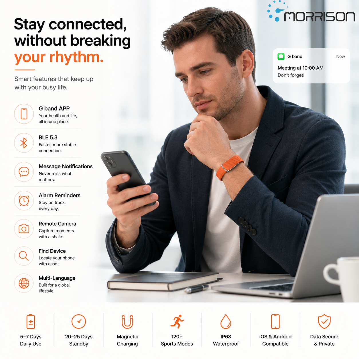 Morrison IP68 Elegant Luxury Smart Watch ECG Screenless Smart Band with BLE 5.3 Health Monitoring