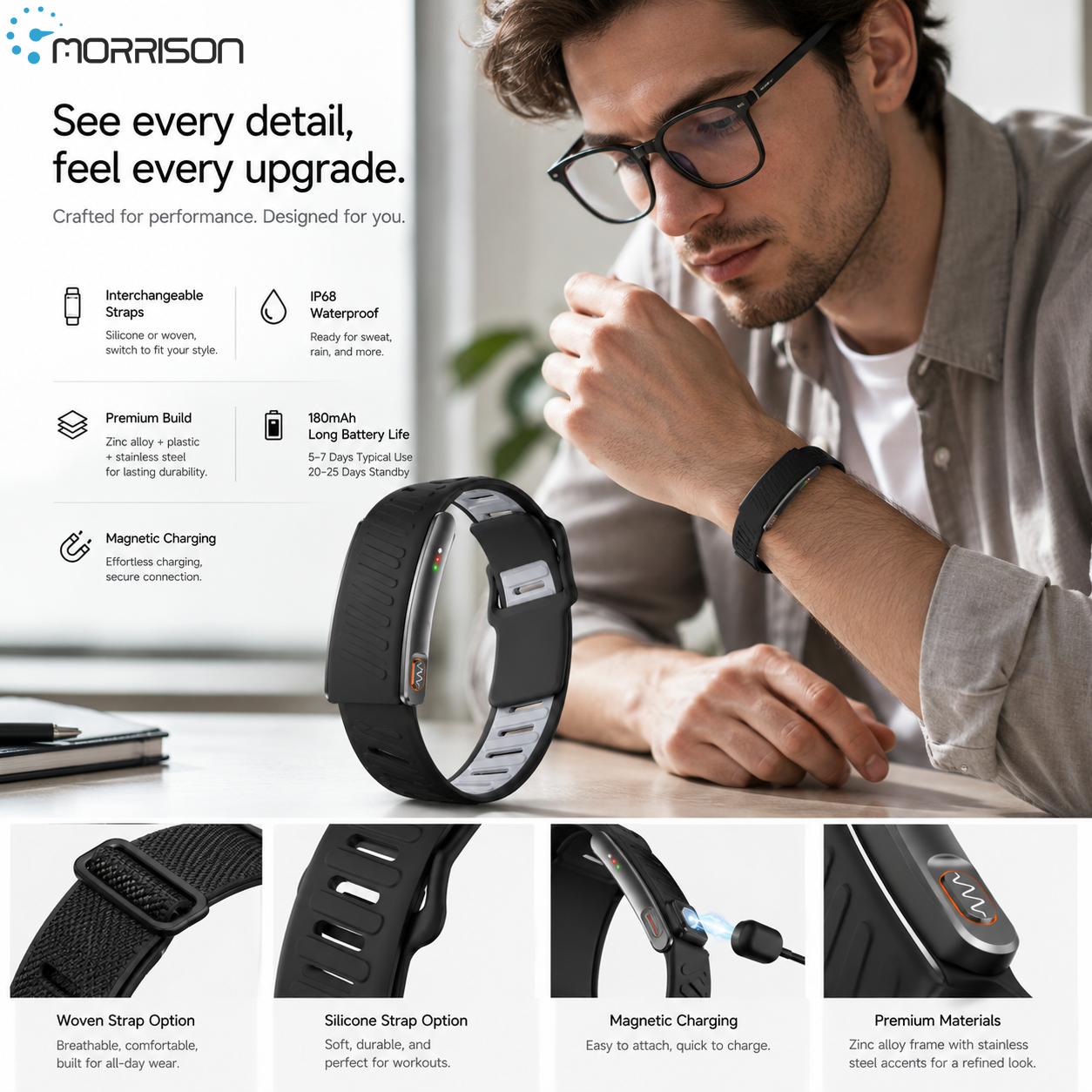 Morrison M96 ECG Screenless Smart Bracelet with BLE 5.3 and 120+ Sports Modes